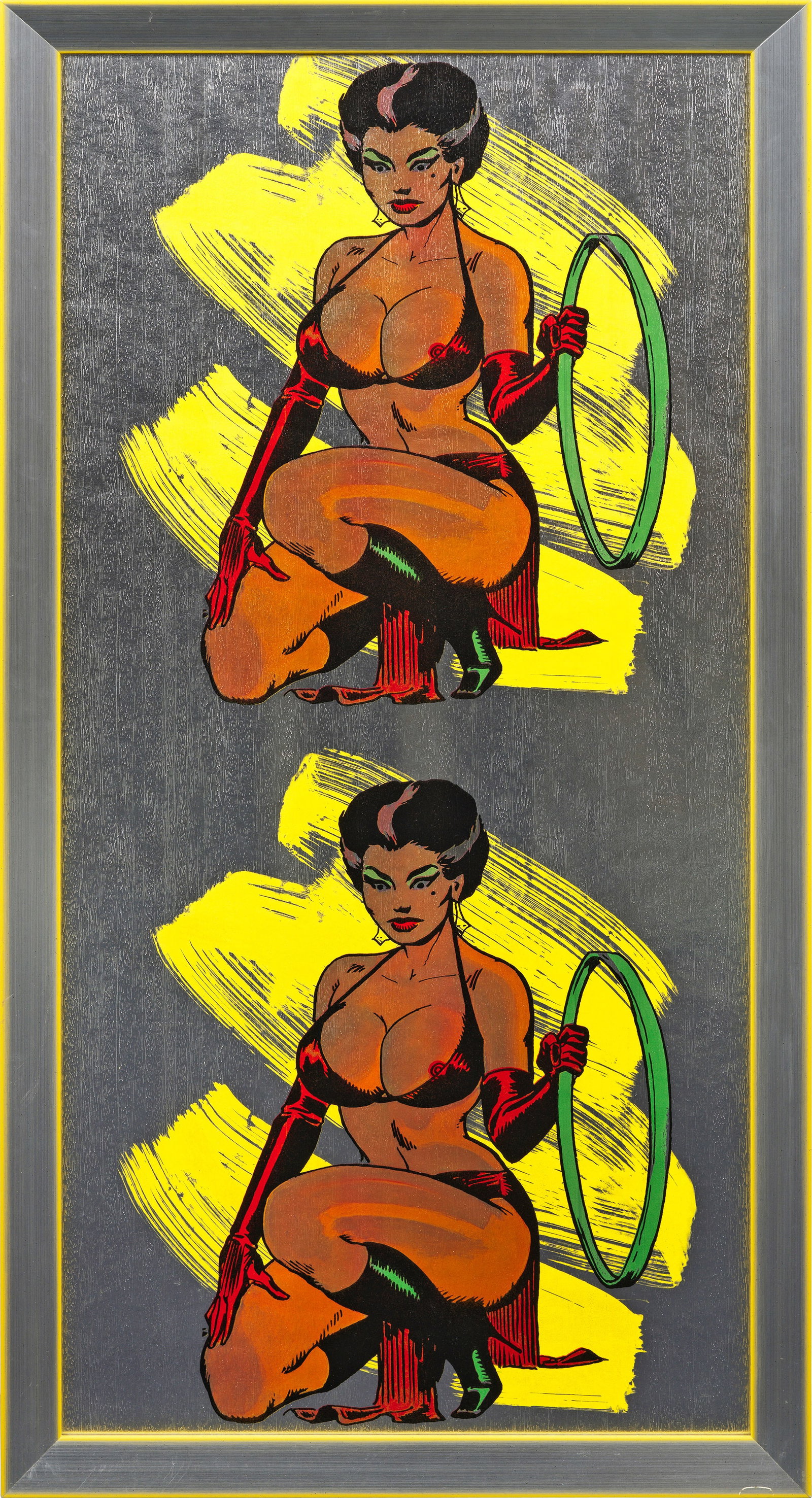 Allen Jones: (Geb. 1937 Southampton; Ansässig in London) nach "Right Hand Lady". Originaltitel Farbsiebdruck/zweischichtige Tapete aus Metallfolie und Holzschliffpapier, 1971/72. Nach dem Motiv "Woman-Splash"