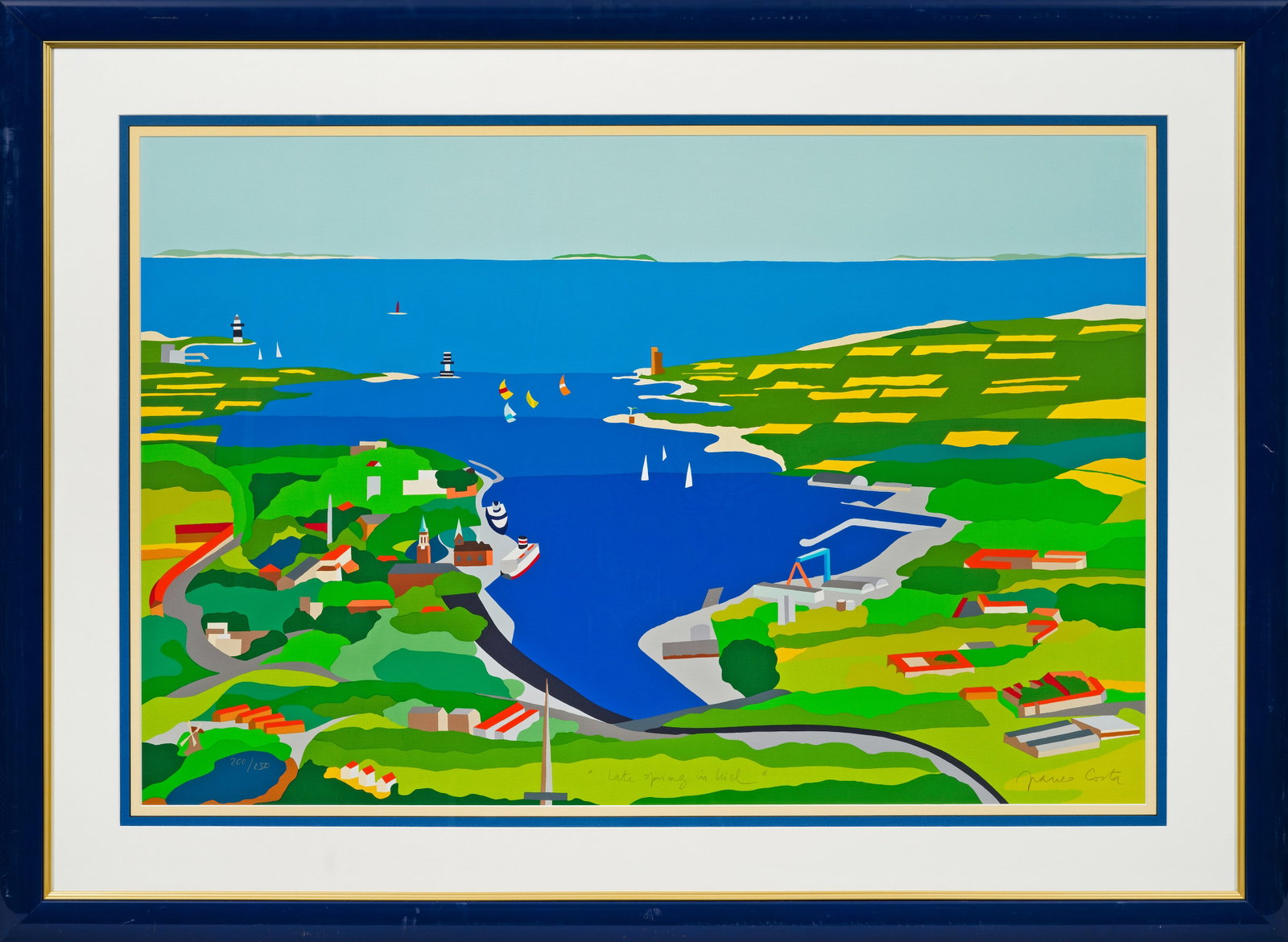 Franco Costa: (1934 Rom - 2015 ebenda) "Late Spring in Kiel". Originaltitel Farbserigraphie/Papier. Sign., betitelt und nummeriert 200/250. 68,5 cm x 99 cm (Passepartoutausschnitt). Rahmen. Serigraph in colours on