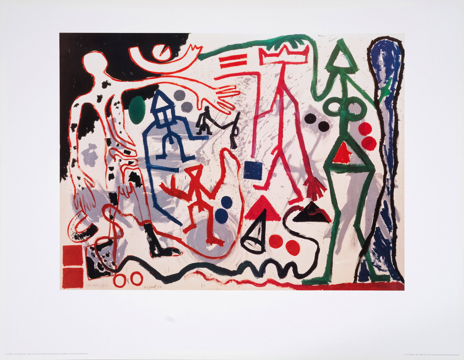 A. R. Penck: (1939 Dresden - 2017 Zürich) nach "Ten Den Zen 1". Originaltitel Farboffsetdruck/Kunstdruckpapier, 1991. Beschriftet im Druck. Nach dem Original Pencks von 1983. Copyright A. R. Penck. Hrsg.