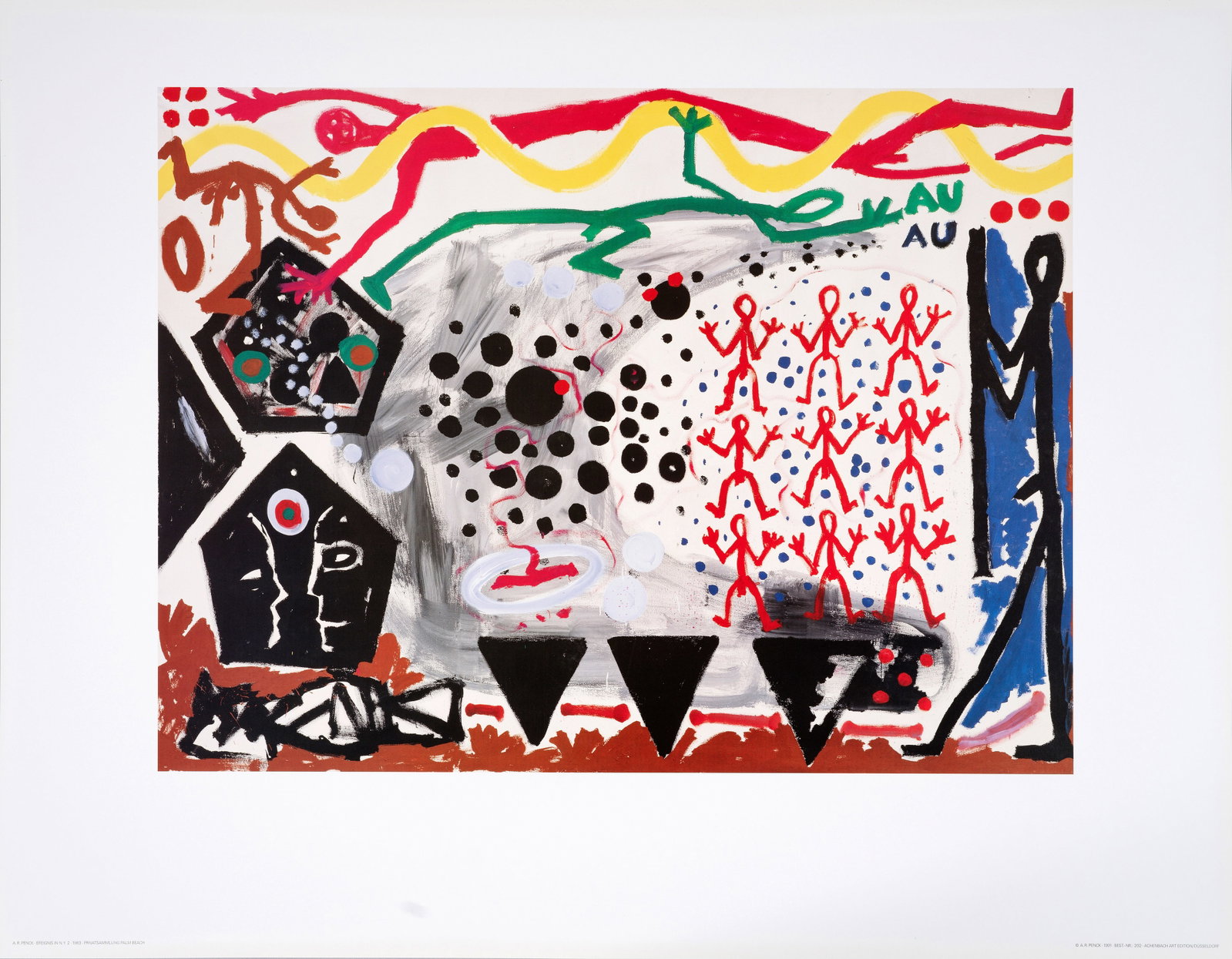 A. R. Penck: (1939 Dresden - 2017 Zürich) nach "Ereignis in N. Y. 2". Originaltitel Farboffsetdruck/Kunstdruckpapier, 1991. Beschriftet im Druck. Nach dem Original Pencks von 1983. Copyright A. R. Penck. Hrsg.