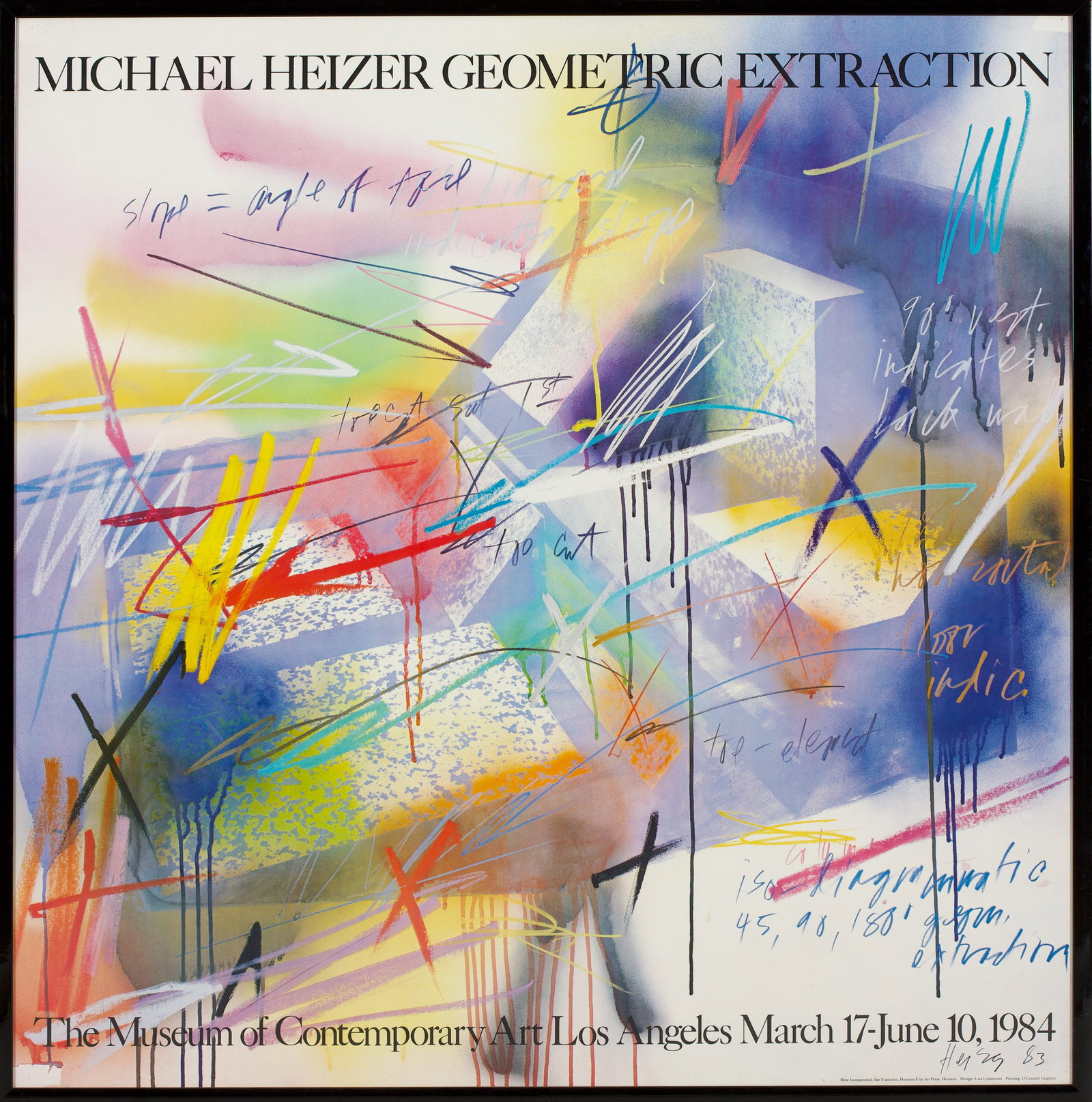 Michael "Mike" Heizer: (Geb. 1944 Berkeley/Kalifornien. Lebt und arbeitet in New York City und Hiko/Nevada) Großformatiges Plakat für die Ausstellung "Michael Heizer. Geometric Extraction" im Museum of Contemporary Art in