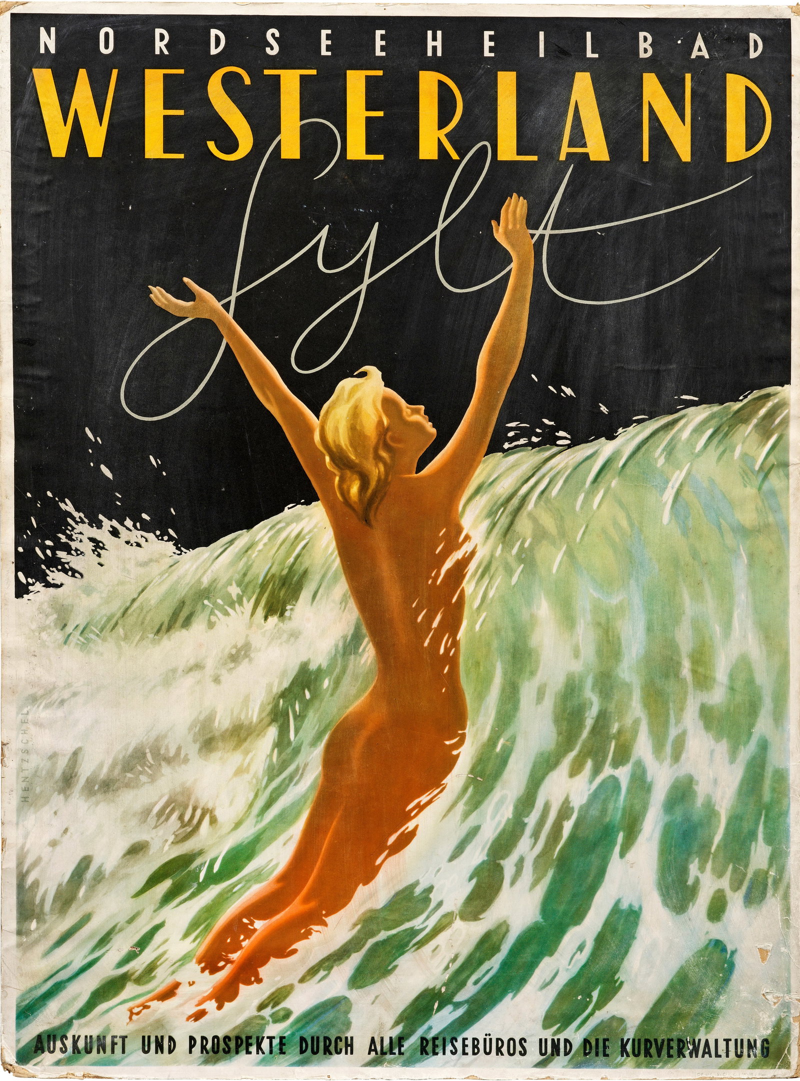 Werbeplakat für Sylt: "Nordseeheilbad Westerland Sylt". Originaltitel Farblithographie/Papier auf Karton aufkaschiert. Prämierter Entwurf für die Kurverwaltung von Hotelier Hans Hetzschel aus dem Plakat-Wettbewerb 1952. 