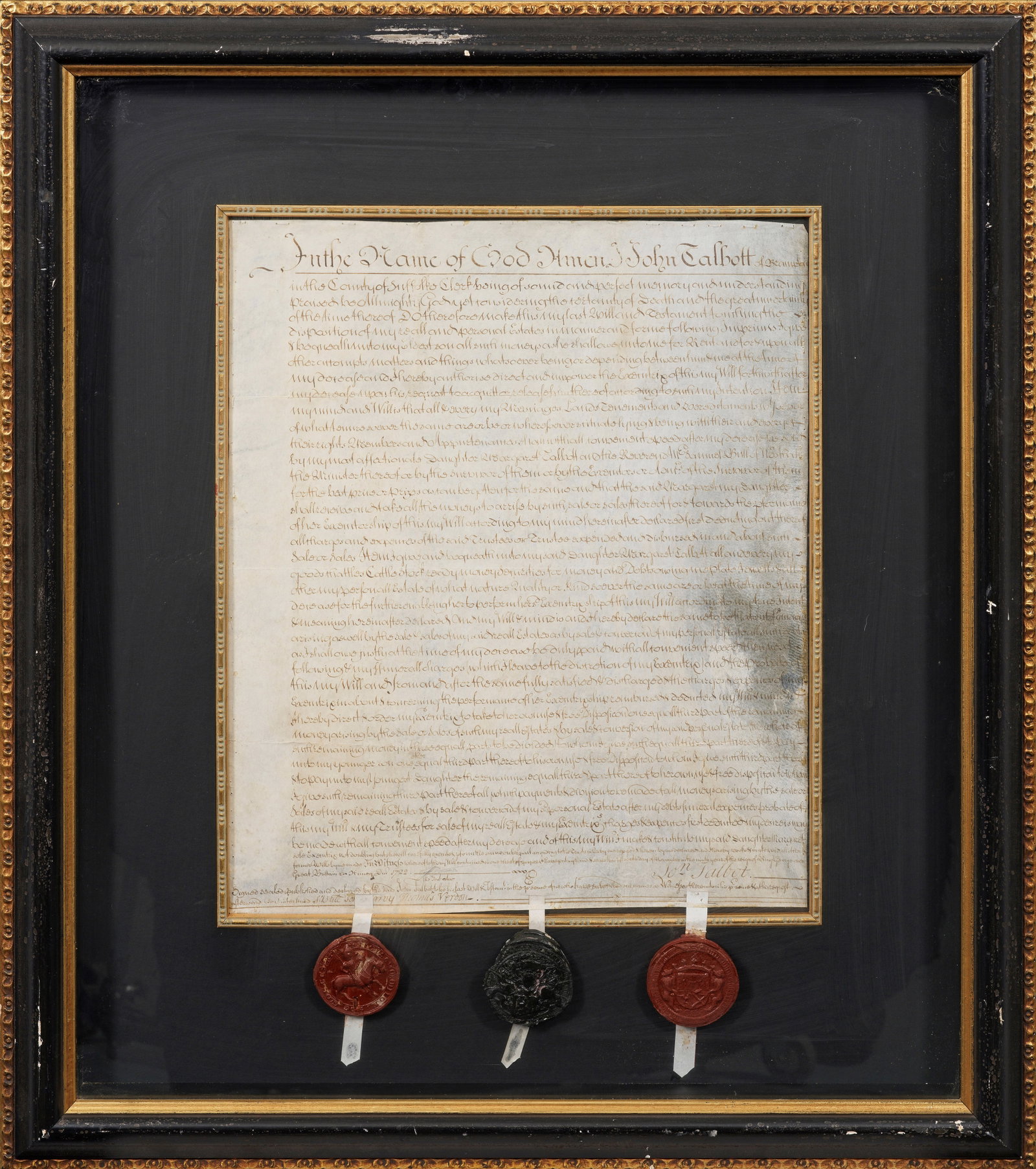 Historisches Testament von John Talbott: In englischer Kanzleischrift verfasstes, handgeschriebenes Dokument auf Pergament mit den originalen Unterschriften des Erblassers und der eingesetzten Zeugen. Am unteren Rand mit drei anhängenden Wa