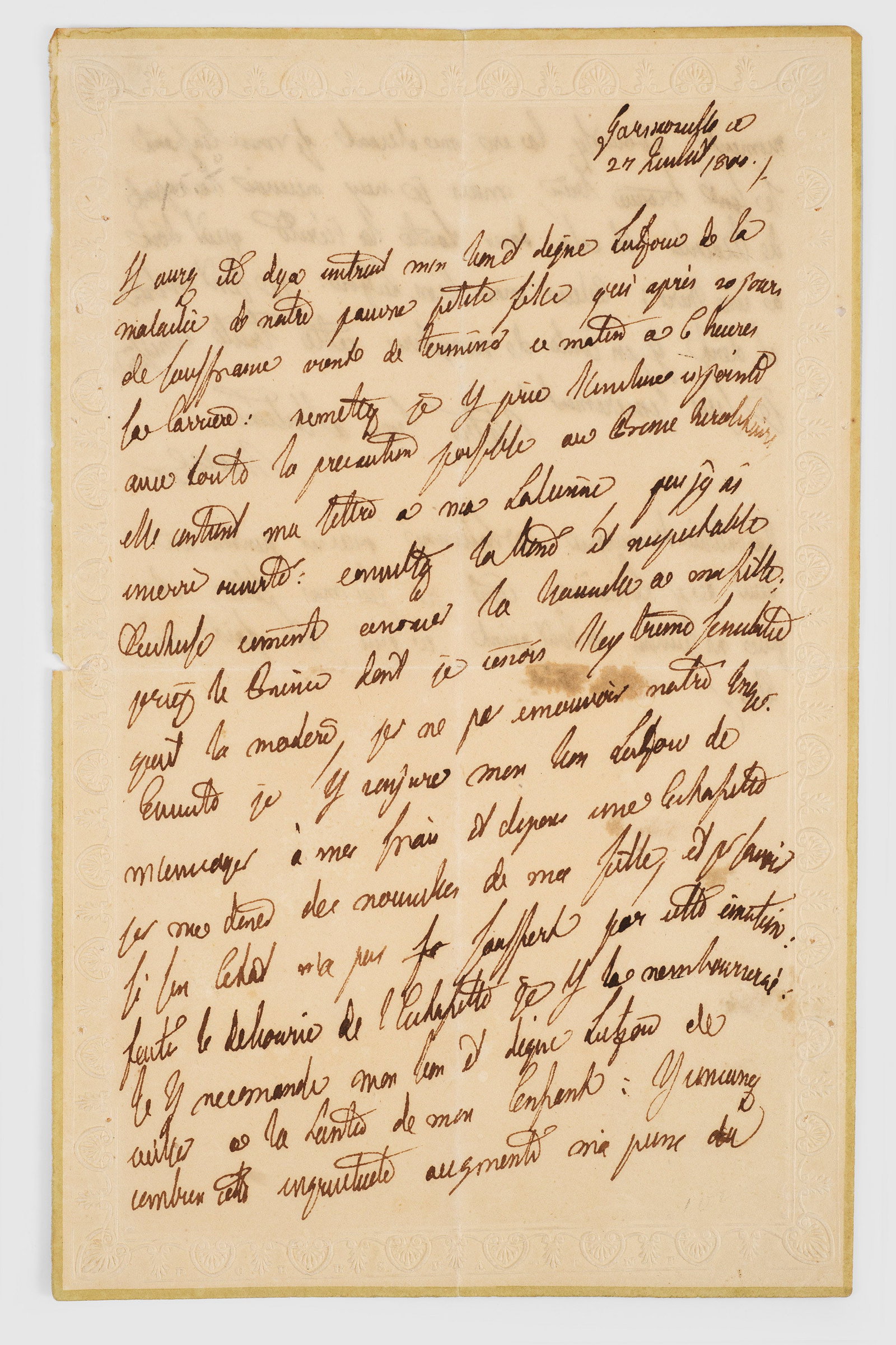 Brief der russischen Zarin Maria Feodorowna: Eigenhändiger, signierter ("Marie") Brief auf Papier mit geprägter Randbordüre, Ort schwer leserlich (vmtl. Schloss Gattschina) 27.7.1800, 1 1/2 S., kl. 8°-Format. Der Brief der russischen Zarin M