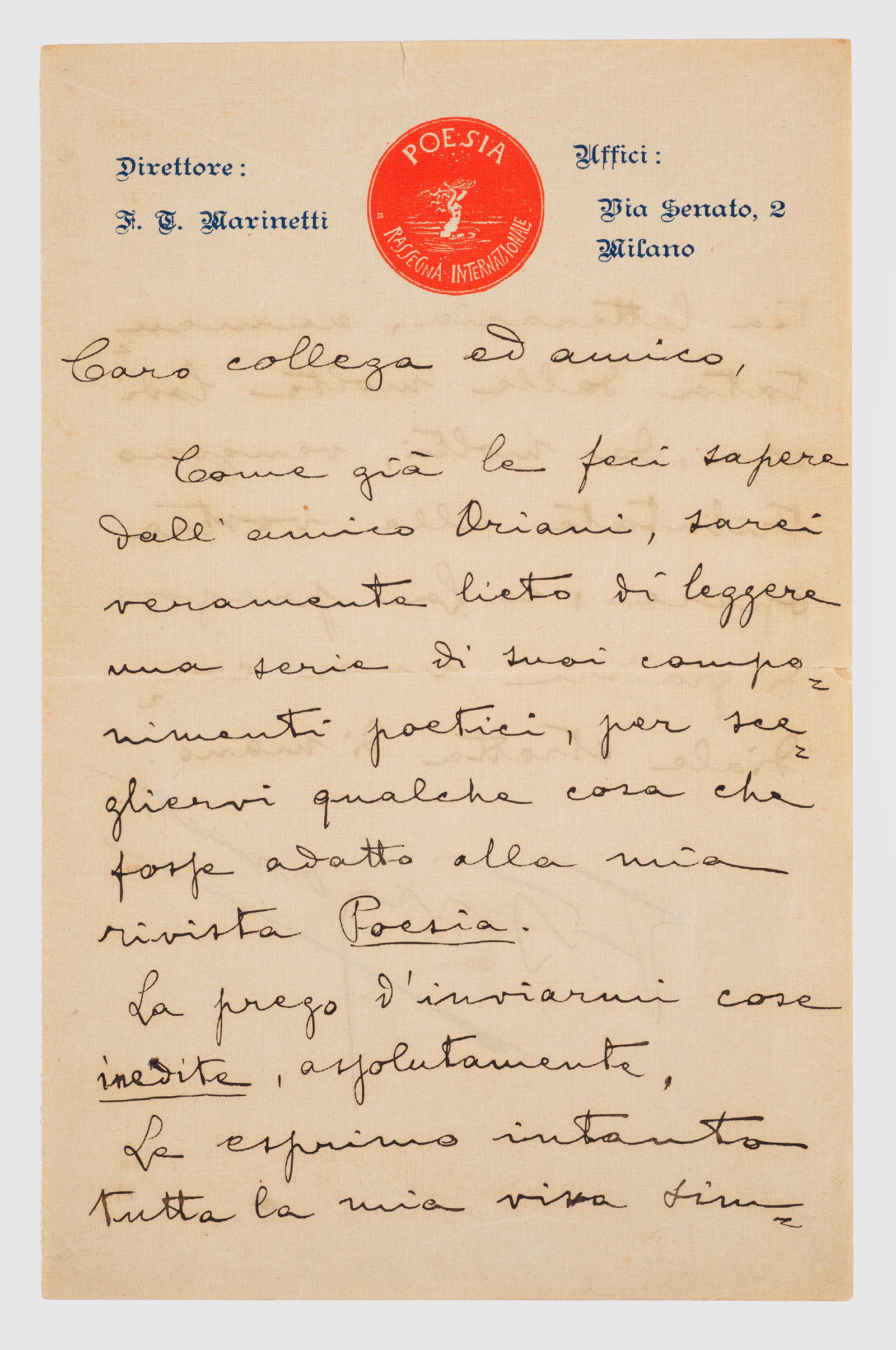 Brief von Filippo Tommaso Marinetti: Eigenhändiger, signierter Brief, Mailand, um 1905-1909, 1 3/4 S., 8°-Format. Briefkopf mit rotem Emblem der Zeitschrift "Poesia". Der Brief von Filippo Tommaso Marinetti (1876 - 1944), dem Begründe