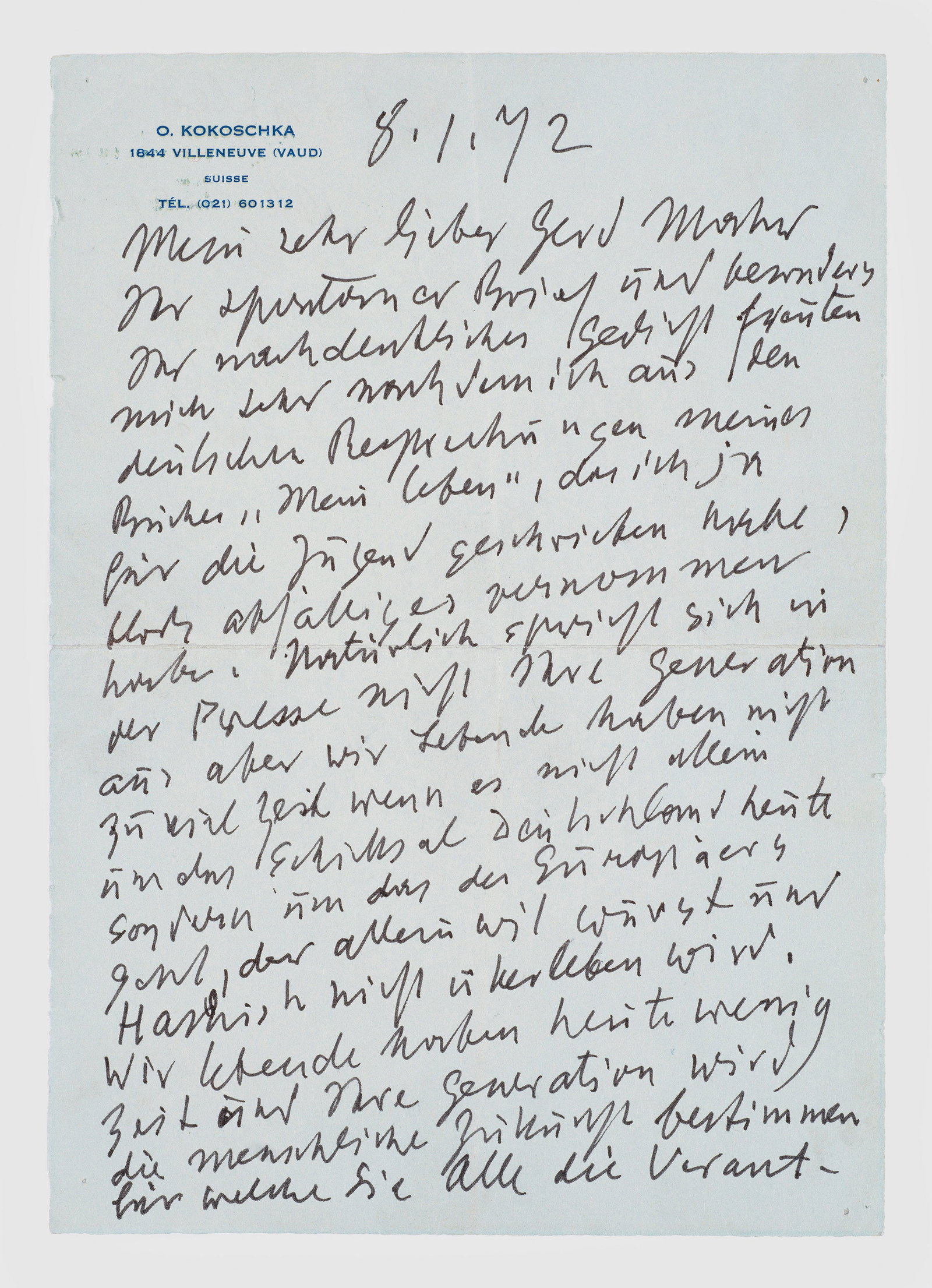 Brief von Oskar Kokoschka: Eigenhändiger, signierter Brief, Villeneuve/Schweiz, 8.1.1972, 1 1/2 S., 8°-Format, mit gestempeltem Briefkopf und Luftpostumschlag (frankiert und adressiert). Antwortschreiben Kokoschkas an Gerd Ma