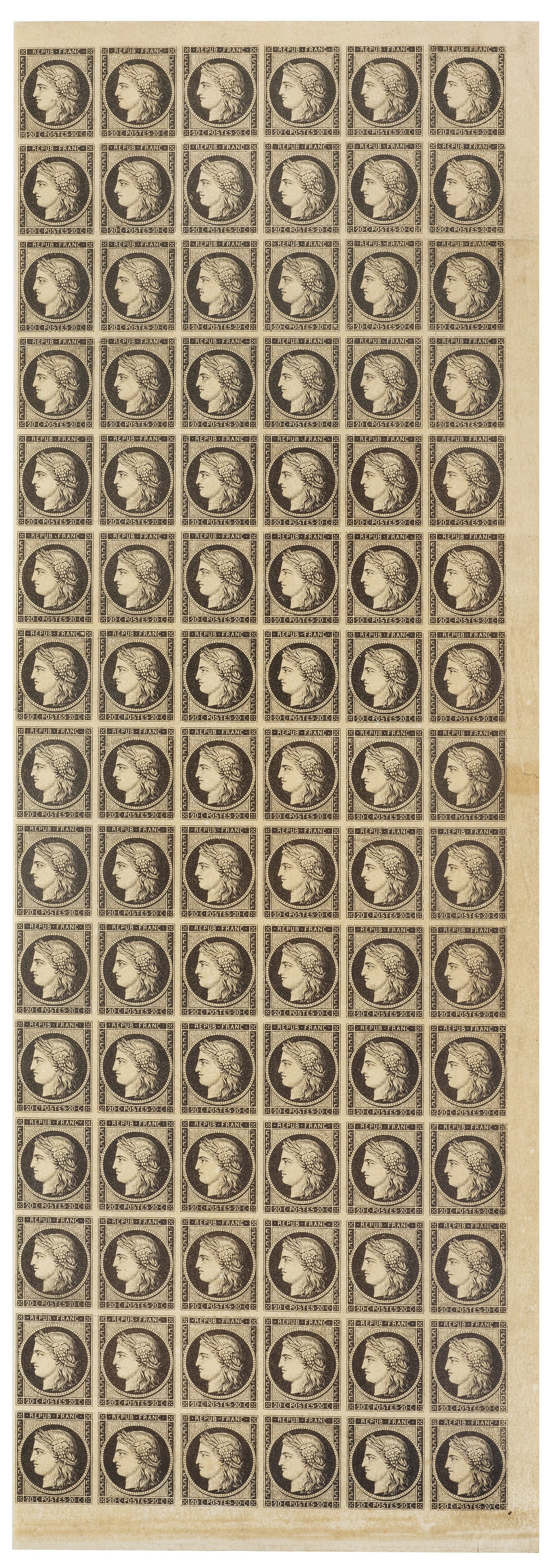 Überaus rares 90er-Bogenstück mit der ersten französischen: Briefmarke 20-Centimes in Schwarz ("Vingt centimes noir") aus dem Jahr 1849 Der Bogen von größter philatelistischer Seltenheit, sonst nur bekannt in Museumsbesitz. Obwohl sie in einigen französisch