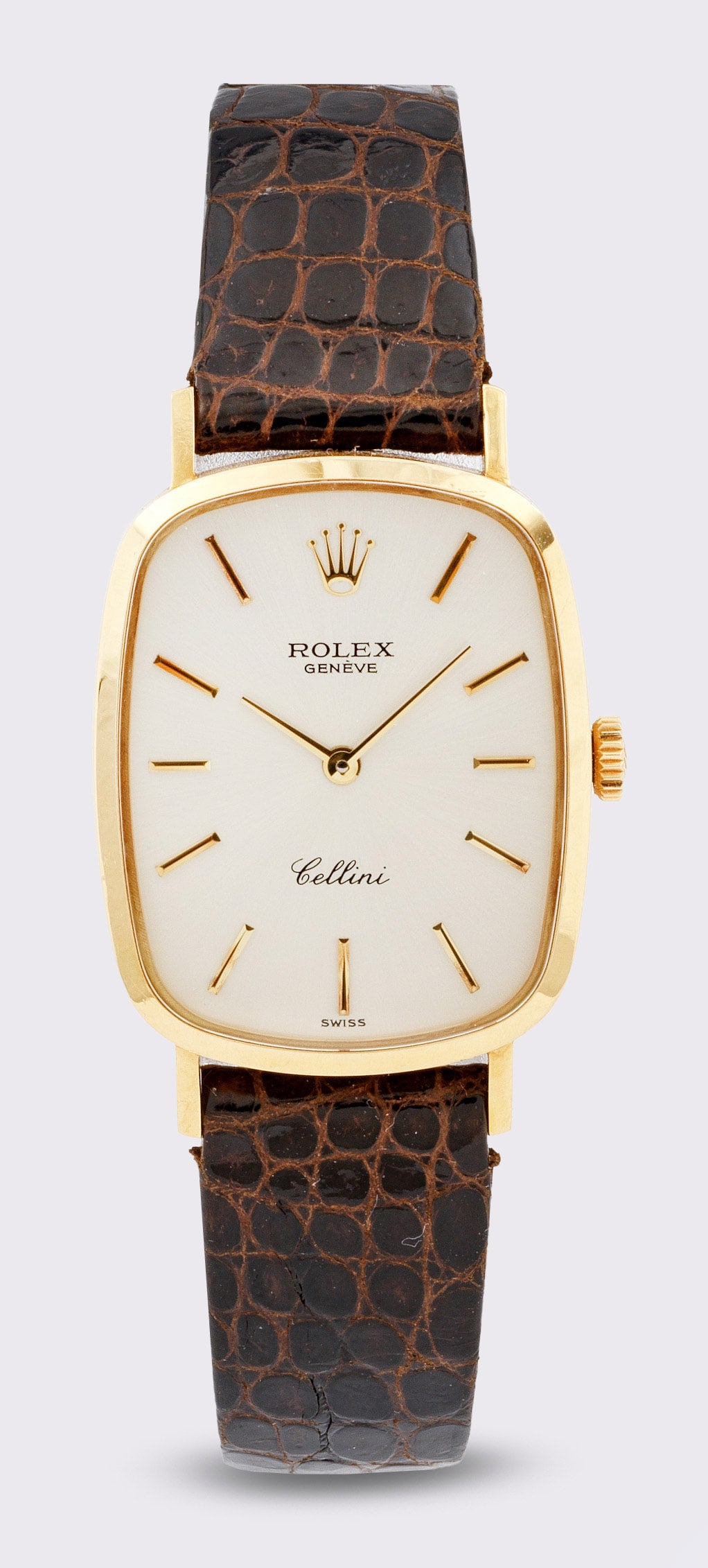 Damenarmbanduhr von Rolex-"Cellini" aus den 1970er Jahren: Gelbgold, gest. 750. Elipsenförmiges Uhrengehäuse, satiniertes Zifferblatt mit Stabindexen und Zeigern aus Gold. Braunes, geprägtes Zifferblatt, Rolex-Dornenschließe aus Gold. Mechanisches Werk mi