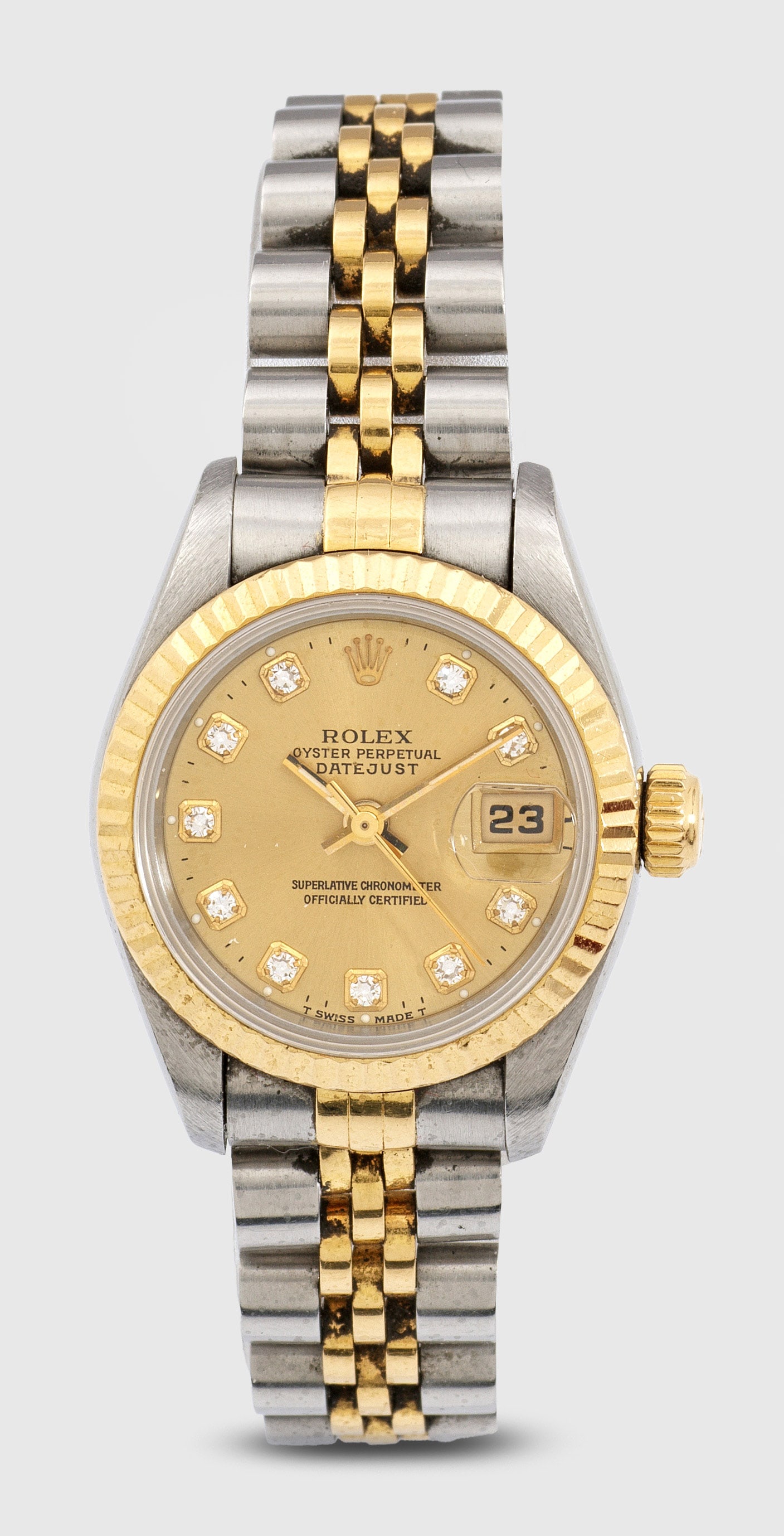 Damenarmbanduhr von Rolex-"Datejust" von 1995: Stahl und Gold, 18 ct.; Rundes Uhrengehäuse mit geriffelter Lunette, satiniertes Zifferblatt mit Diamant-Indexen und Stabzeigern mit Tritiumauflage. Jubilee-Armband mit doppelter Faltschließe. Autom