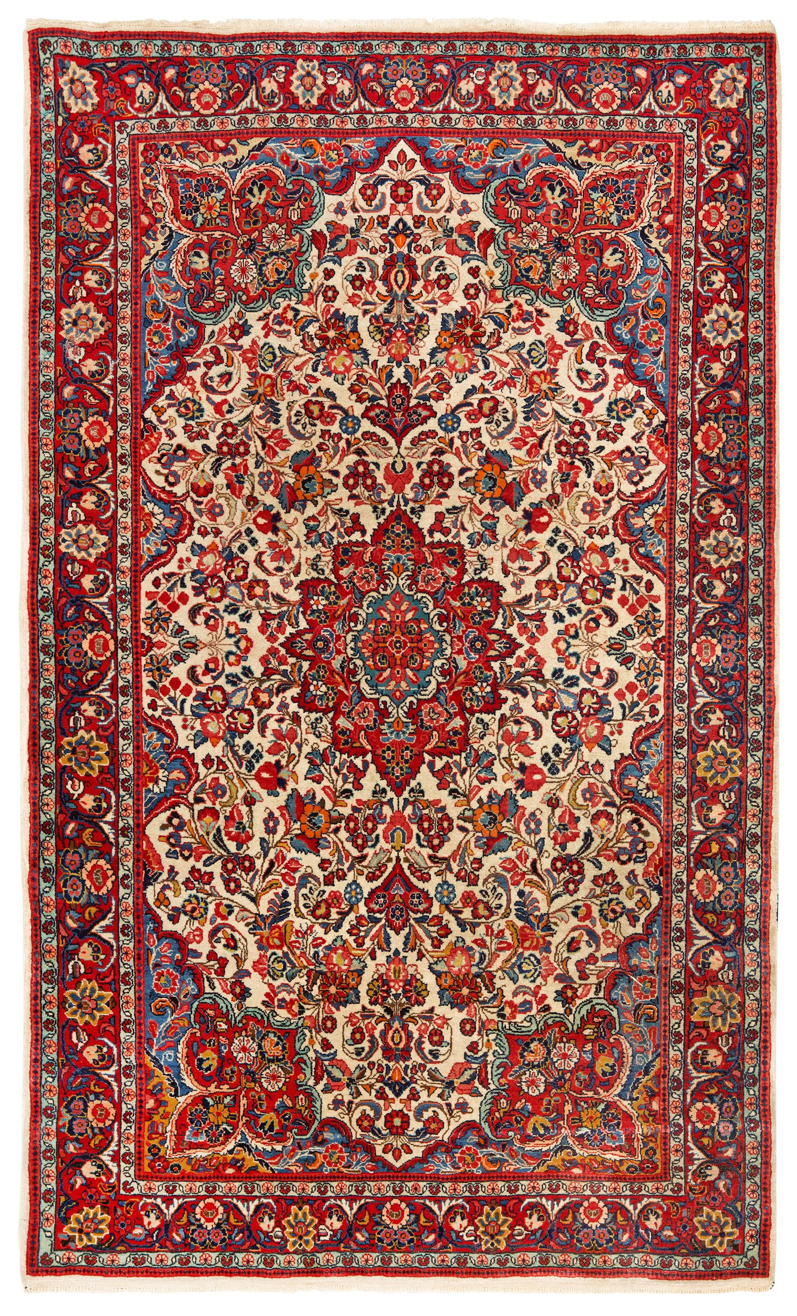 Alte Sarough Mahal-Brücke: Persien. Um 1940. Wolle auf Baumwolle. im elfenbeinfarbenen Innenfeld rotes Zentralmedaillon sowie breite blaugrundige Ecklösungen. Flächendeckende Blütenmusterung. Umlaufend korrespondierende Bord