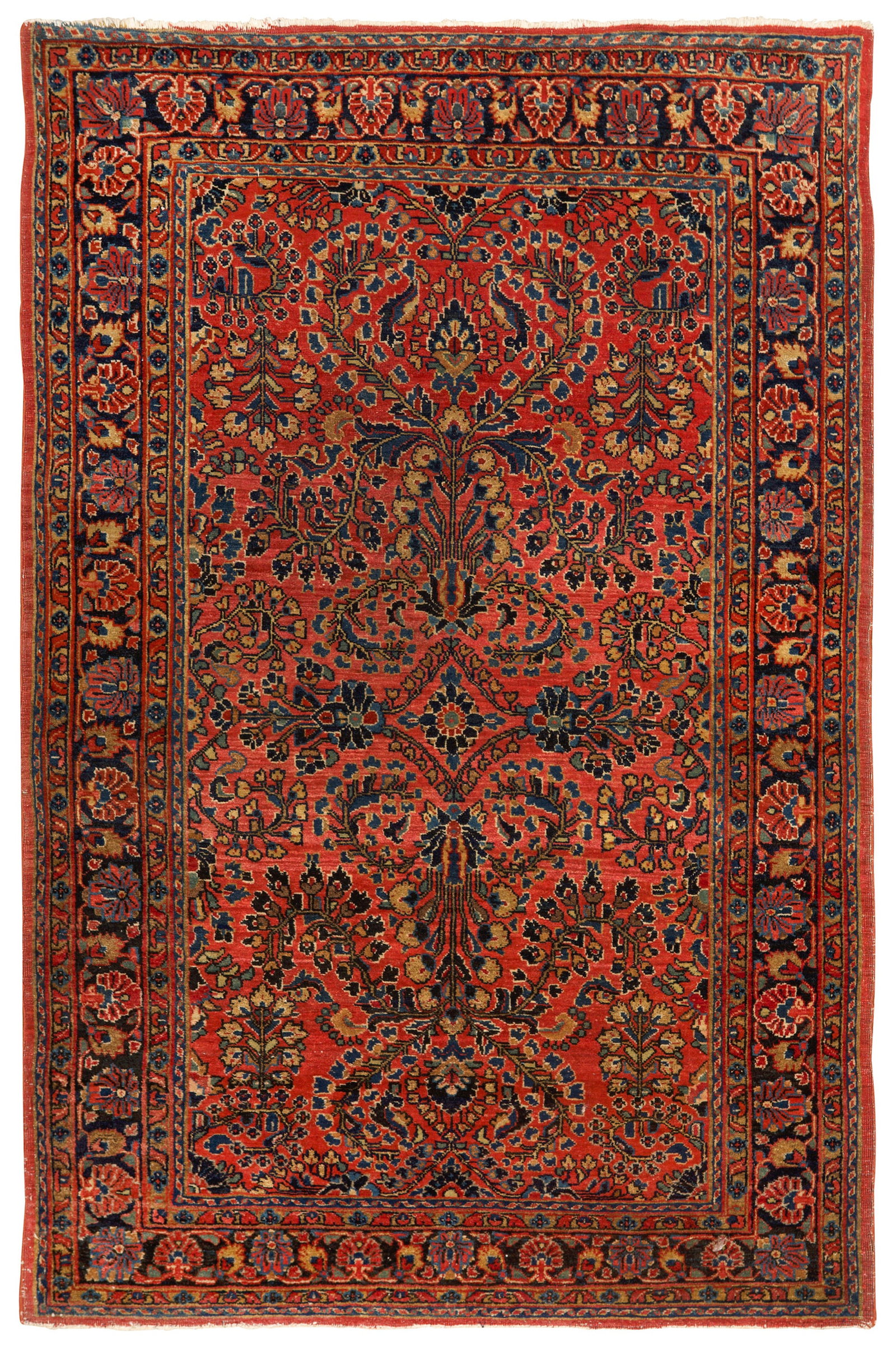 Alte Sarough-Brücke: Persien. Um 1920-1930. Wolle auf Baumwolle. Im roten Innenfeld flächendeckende Musterung aus ornamental angeordneten Blütenrispen. Umlaufend breite, dunkelblaue Palmettenbordüre. 151 cm x 101 cm.