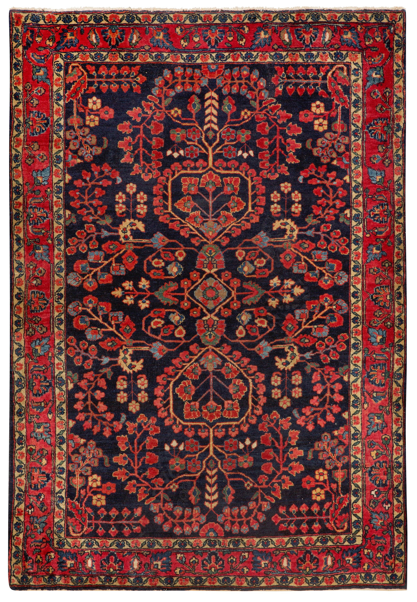 Kleine alte Sarough-Brücke: Persien. Um 1930. Wolle auf Baumwolle. Im tintenblauen Innenfeld flächendeckend großzügig angelegte Musterung aus roten Blütenrispen. Umlaufend rotgrundige Palmettenbordüre. 143 cm x 102 cm. An
