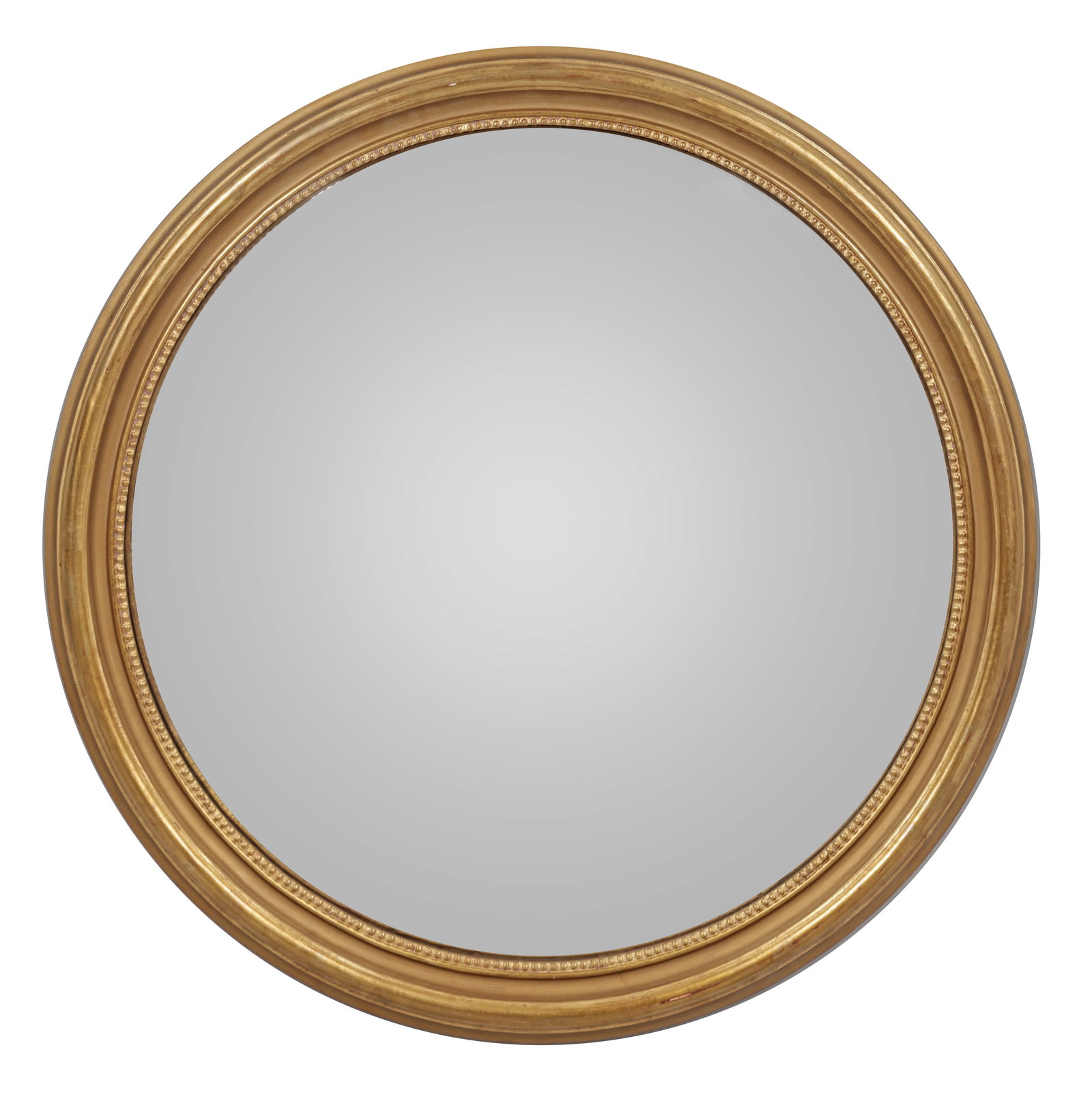 Großer Konvexspiegel: Holz, vergoldet. Runde, profilierte Spiegelrahmung mit Perlstab. Konvex gewölbtes Spiegelglas. D. 100 cm. A large German gilt wood konvex mirror. Deutsch. 20. Jh.