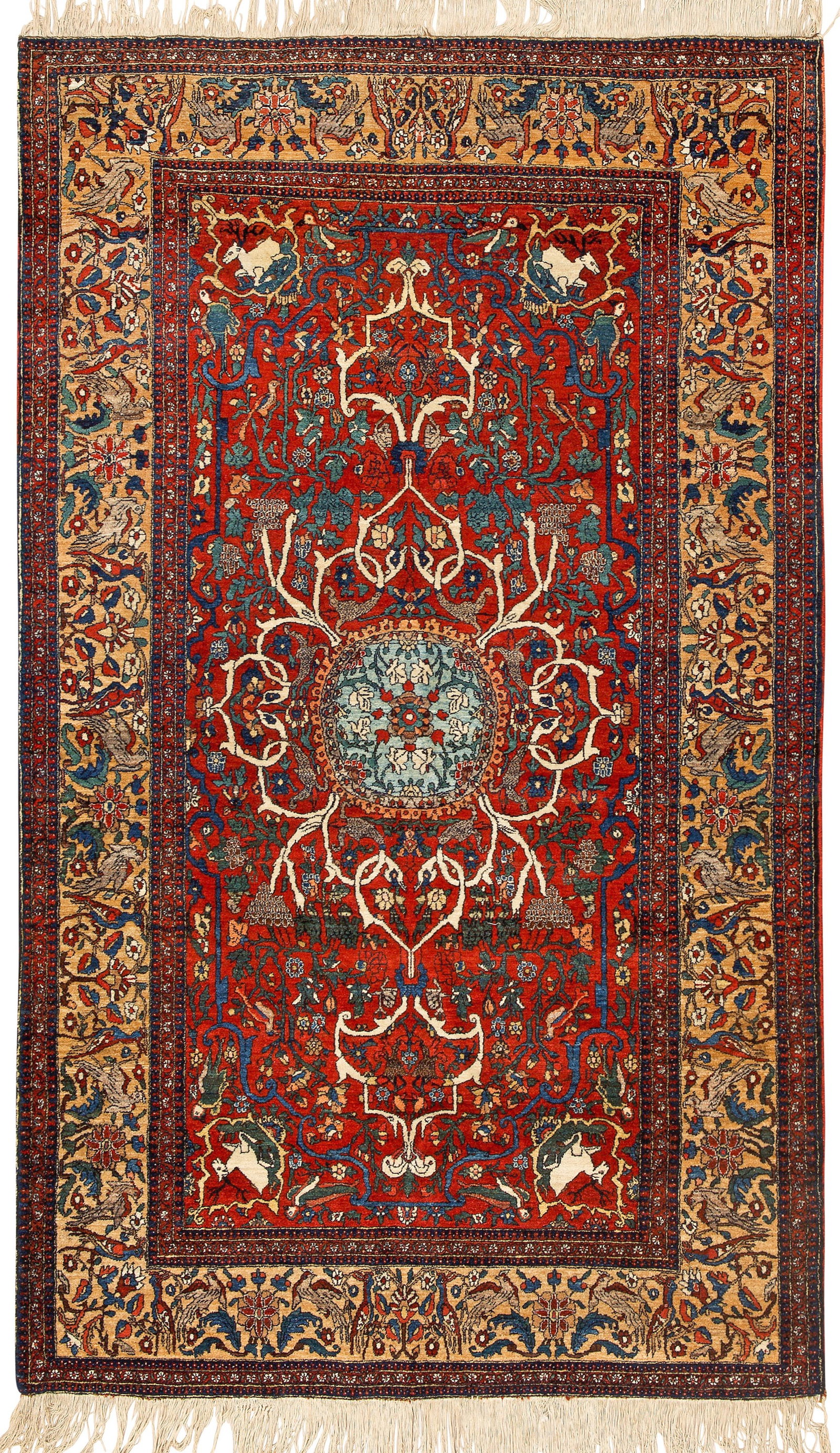 Alte Bachtiar-Brücke: Persien. Um 1940-1950. Wolle auf Baumwolle. Im roten Innenfeld türkisfarbenes Rundmedaillon sowie flächendeckend dichte Musterung aus Rankenwerk. Umlaufend breite, beigefarbene Bordüre aus Blütenz