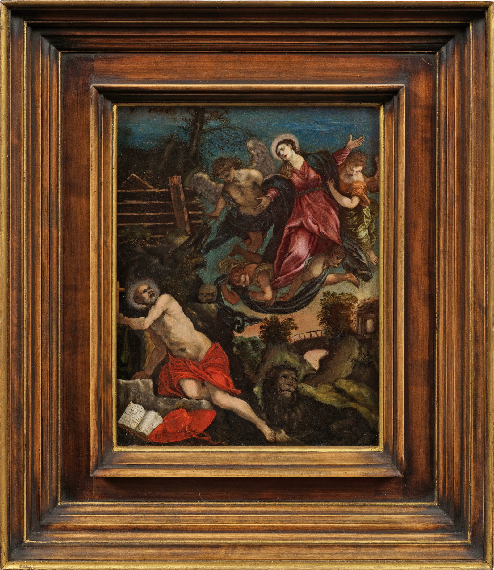 Denis Calvaert: (um 1540/1551 Antwerpen - 1619 Bologna) attr. Der Hl. Hieronymus mit Maria und Engeln Ausschnitthaft komponierte, biblische Szene, die unterhalb den Einsiedler Hieronymus, klassisch inszeniert mit rot