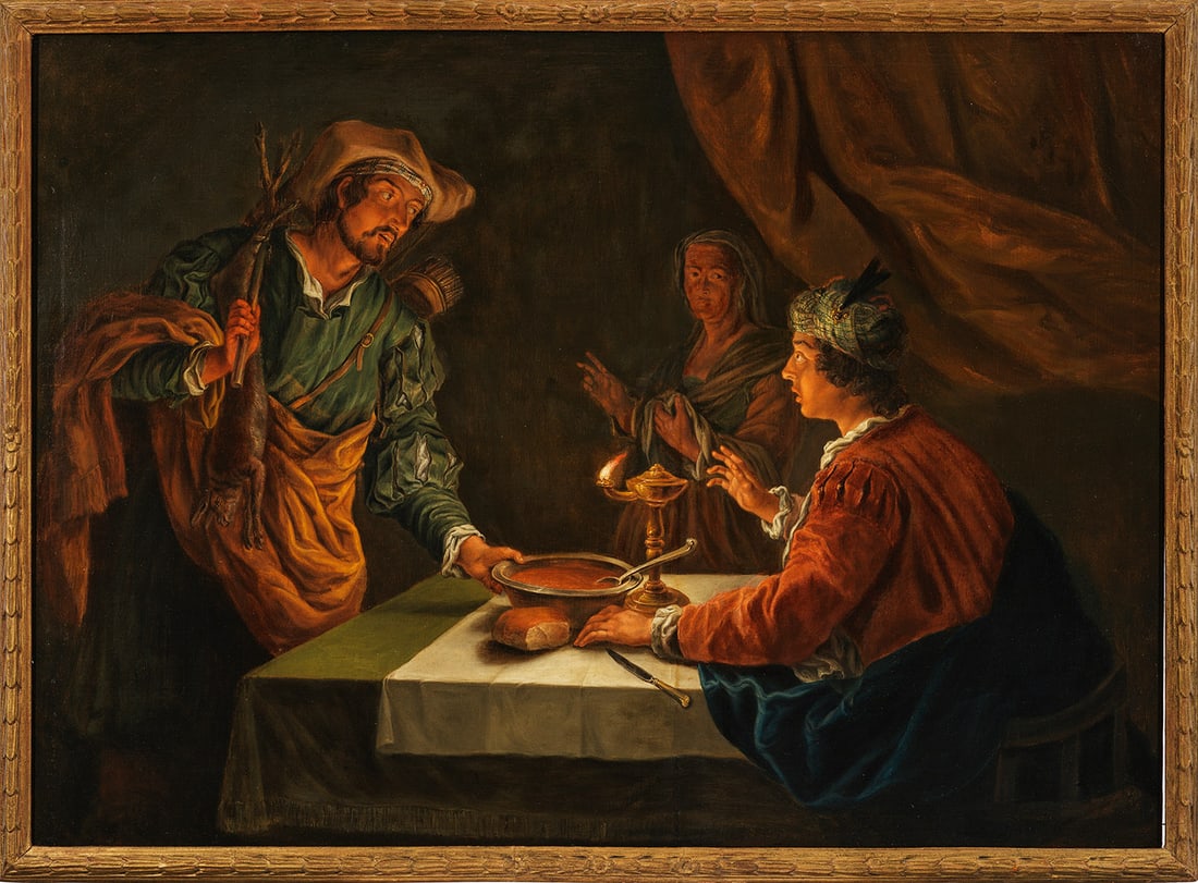 Matthias Stom (Stomer): (Um 1600 wohl in Amersfoort - nach 1645 Italien) nach Esau verkauft Jakob sein Erstgeburtsrecht für eine Schüssel Linsen Die vorliegende Komposition des vorliegenden (vermutlich im 18. Jh. entstande