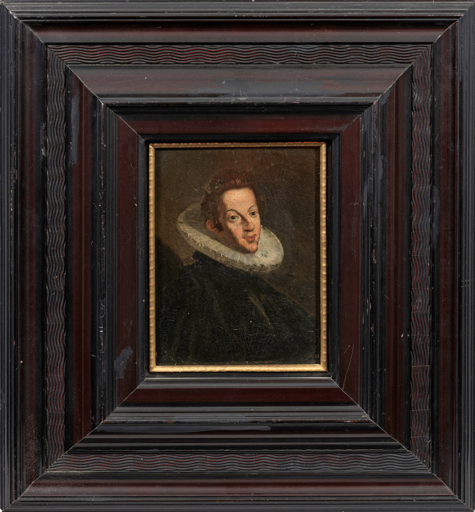 Niederländischer oder flämischer Porträtmaler: (Wohl tätig um 1600 - 1630) Kleines Bildnis eines jungen adeligen Herrn, wohl aus dem Haus Habsburg Repräsentatives, in fein lasierender Malweise ausgeführtes Bildnis im Halbprofil, der Dargestellt