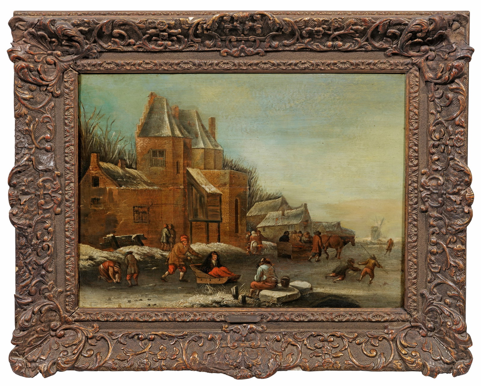 Thomas Heeremans: (1641 Haarlem - 1694 ebenda) Wintervergnügen vor der Stadt Von den Strahlen der tiefstehenden Wintersonne atmosphärisch beleuchtete Genreszene, die das geschäftige, vergnügte Treiben zahlreicher P