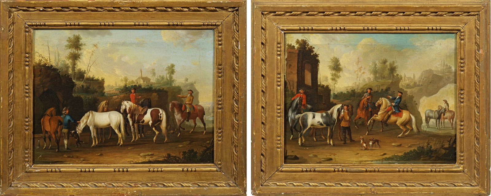 Christian Friedrich Hosenfelder: (1706 Crossen - 1780 St. Petersburg) Reiter bei der Rast Gegenstücke. Durch Philips Wouverman beeinflusste Reiterbilder mit lebendigen Pferdedarstellungen. Christian Friedrich Hosenfelder, als Sohn e
