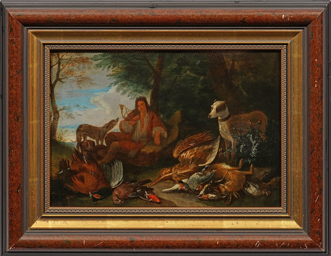 Adrian de Gryef: (1657 Antwerpen -1722 Brüssel) attr.; Jagdszene mit erlegtem Reiher, Fasan, Singvögeln und Hase Ein offenkundig adliger Jagdhornbläser mit langem Lockenhaar, am Waldesrand vor seiner Jagdbeute mit 