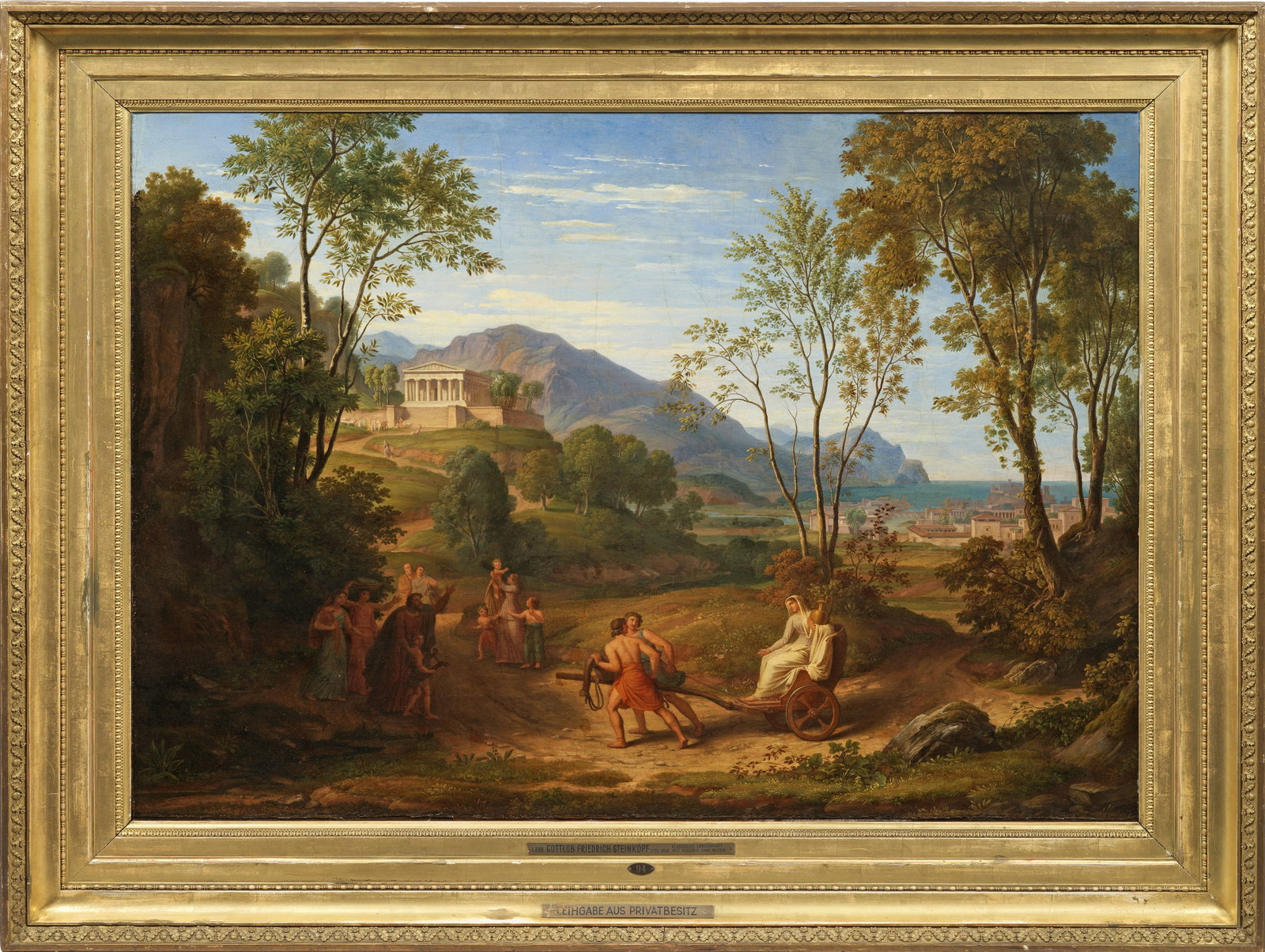 Gottlob Friedrich Steinkopf: (1779 Stuttgart - 1861 ebenda) Klassizistische Landschaft mit Kleobis und Biton vor dem Wagen der Kydippe In dem 1833 entstandenen und von König Wilhelm I. angekauften Werk, das Steinkopf im selben J