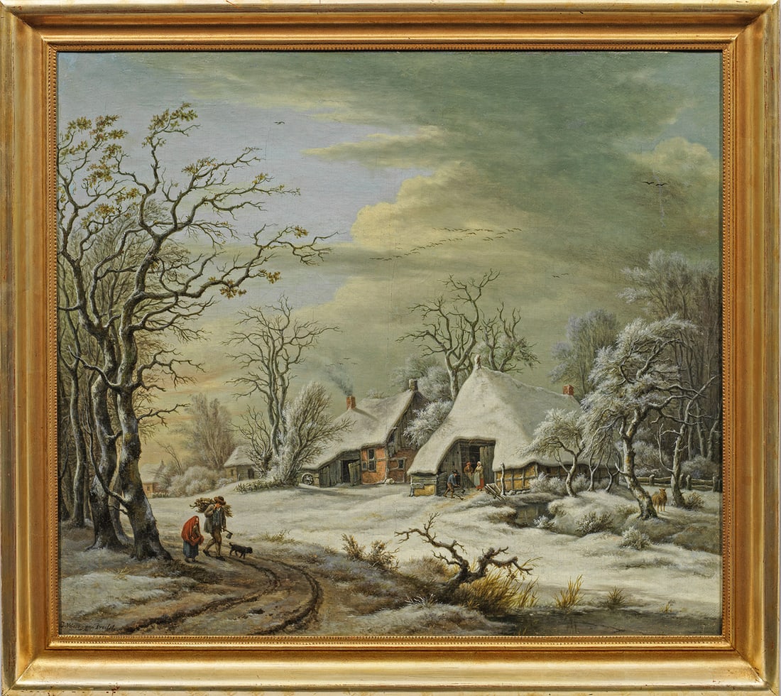 Jan Vuring van Drielst: (1789 Hoogeveen - 1813 Amsterdam) Winterlandschaft Blick auf ein tief verschneites Dorf mit Fachwerkgehöften und Eichen; links im Vordergrund, vom Reisigsammeln zurückkehrend, eine alte Frau und ein