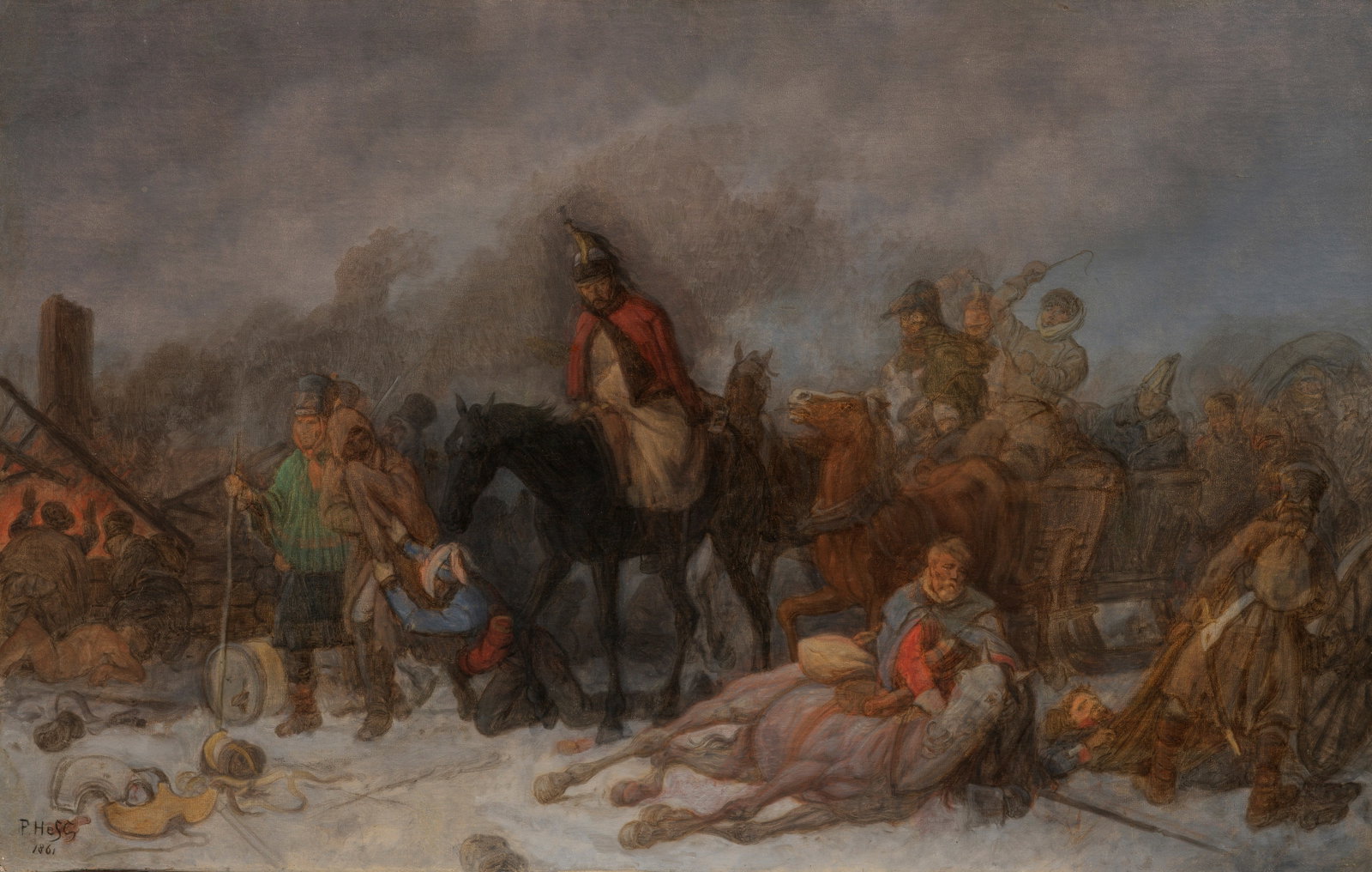 Peter Heinrich von Hess: (1792 Düsseldorf - 1871 München) Napoleonische Truppen auf dem Rückzug aus Russland Bewegte, vielfigurige, fein lasierend gemalte Komposition, die den Rückzug der Napoleonischen Armee aus Russland