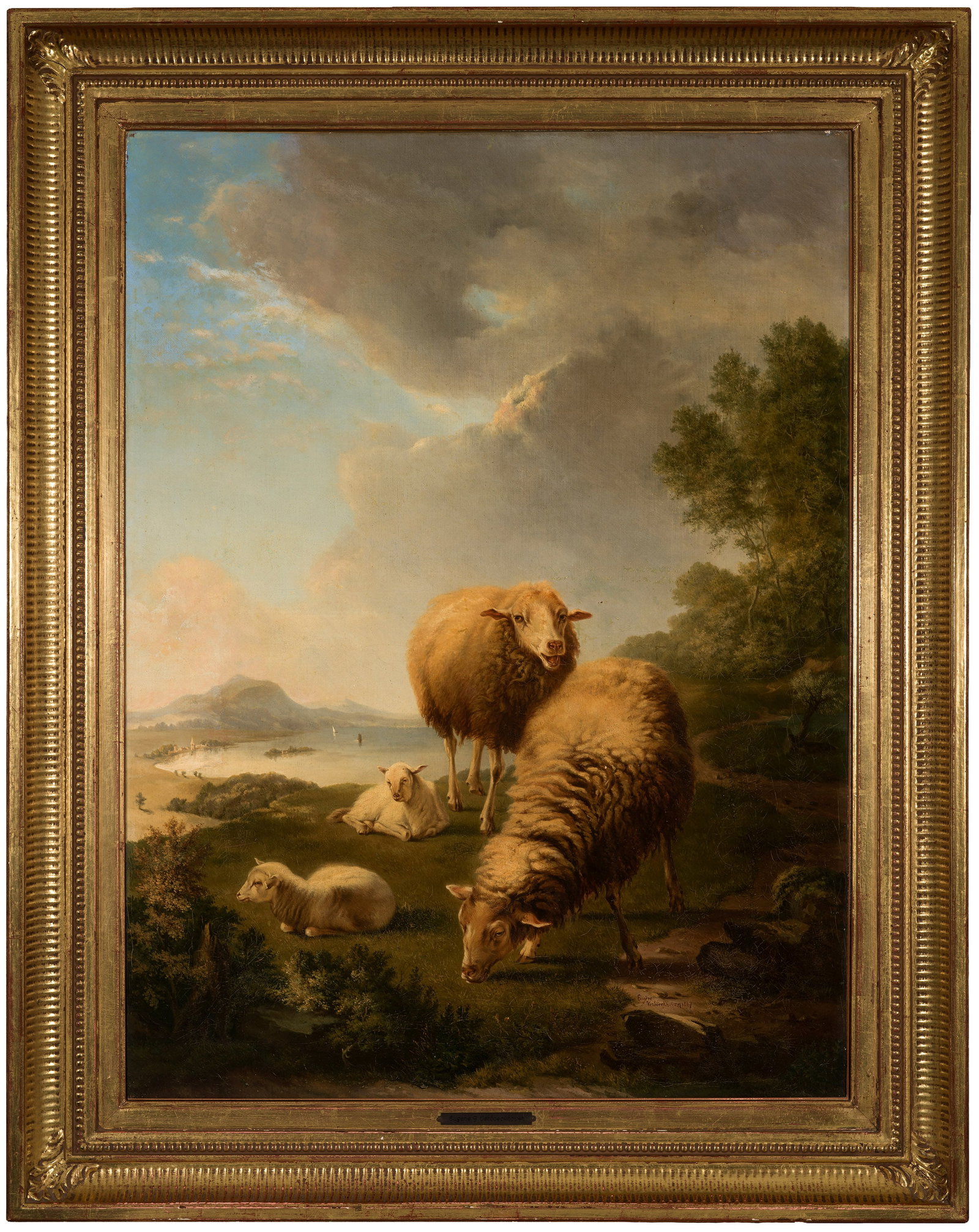 Eugène Joseph Verboeckhoven: (1799 Warneton - 1881 Brüssel) Weidende Schafe Eindrucksvoll atmosphärisch arrangierte Landschaft mit idyllischer See- und Bergkulisse, in deren Vordergrund eine friedlich weidende Schafherde. Äuß