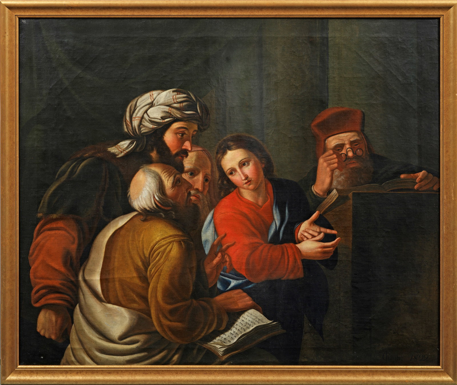 Johann Gruß: (1790 Schaab/Psov - 1855 Leitmeritz/Litomerice) Der zwölfjährige Jesus disputiert mit den Schriftgelehrten im Tempel In altmeisterlichem Stil nach Vorbild der italienischen Barockmalerei (Luca Giord