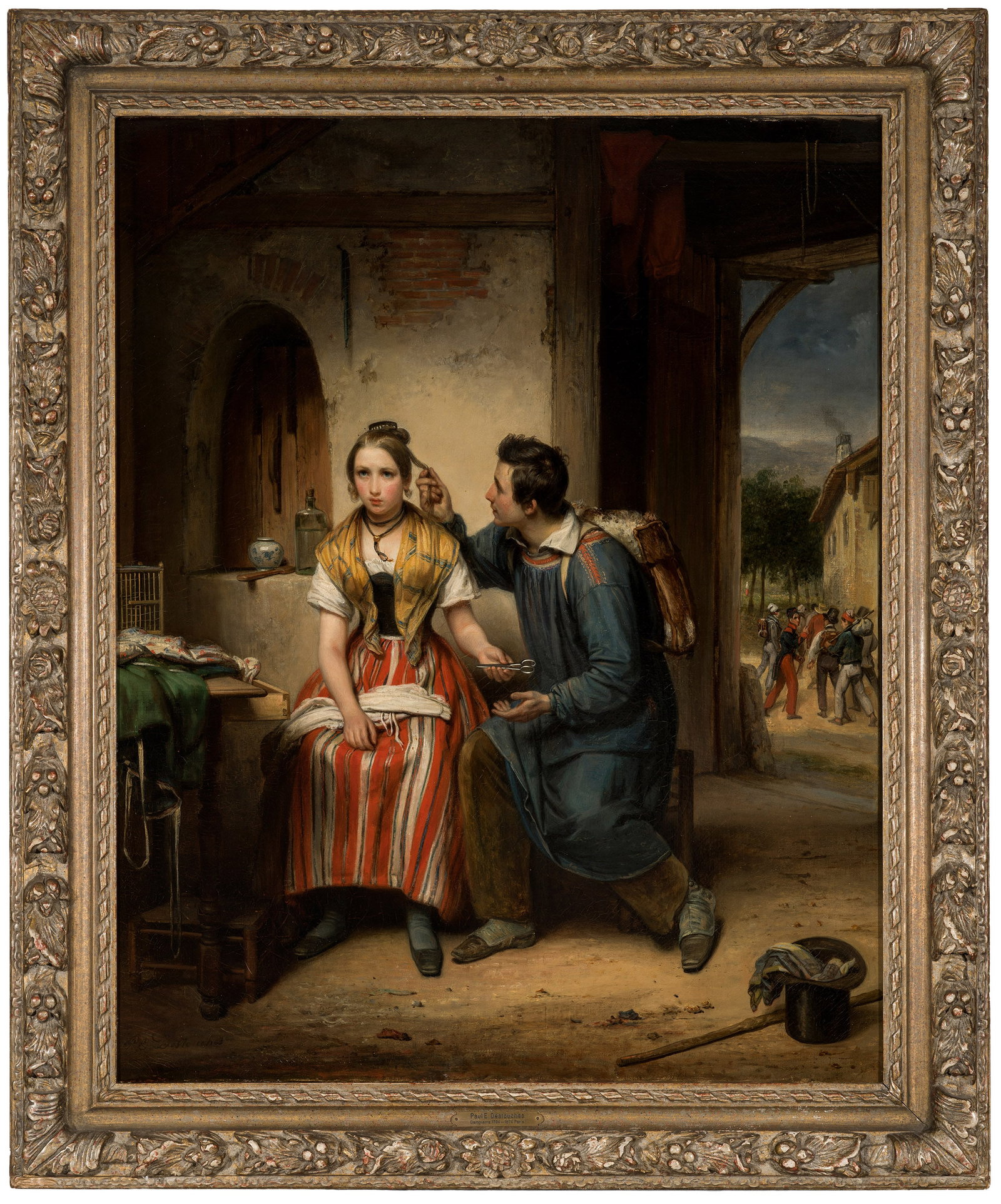 Paul-Émile Destouches: (1794 Dampierre/Seine-Inférieure - 1874 Paris) Die Locke zum Abschied Feinflüssig, in subtil nuanciertem Kolorit gemalte, narrative Abschiedsszene, in der ein junger Mann sich von seiner Geliebten v