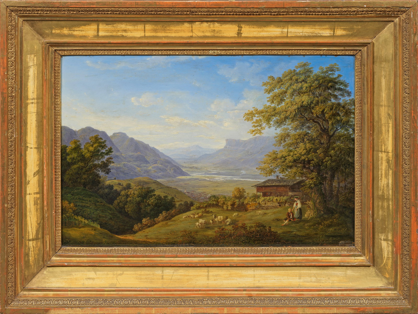 Joseph Steingrübel: (1804 Augsburg - 1838 ebenda) Das Rheintal bei Maienfeld Feinflüssig gemalter, atmosphärisch gestimmter Blick von den Hängen über der Gemeinde Maienfeld (Kanton Graubünden) auf die breite Taleben