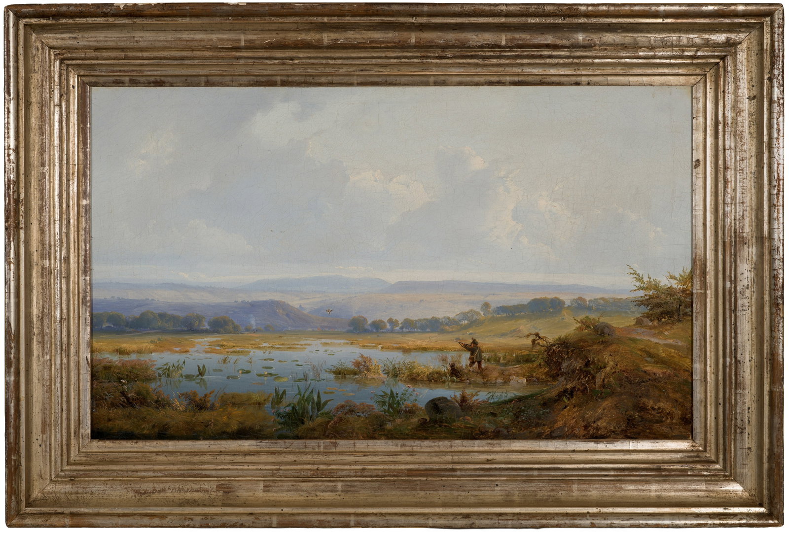 Carl Friedrich Heinzmann: (1795 Stuttgart - 1846 München) Entenjagd im Murnauer Moos Reizvolle, sumpfige Landschaft, in der ein Jäger mit seinem Hund auf Entenjagd geschildert wird. In atmosphärischer Licht- und Farbwirkung