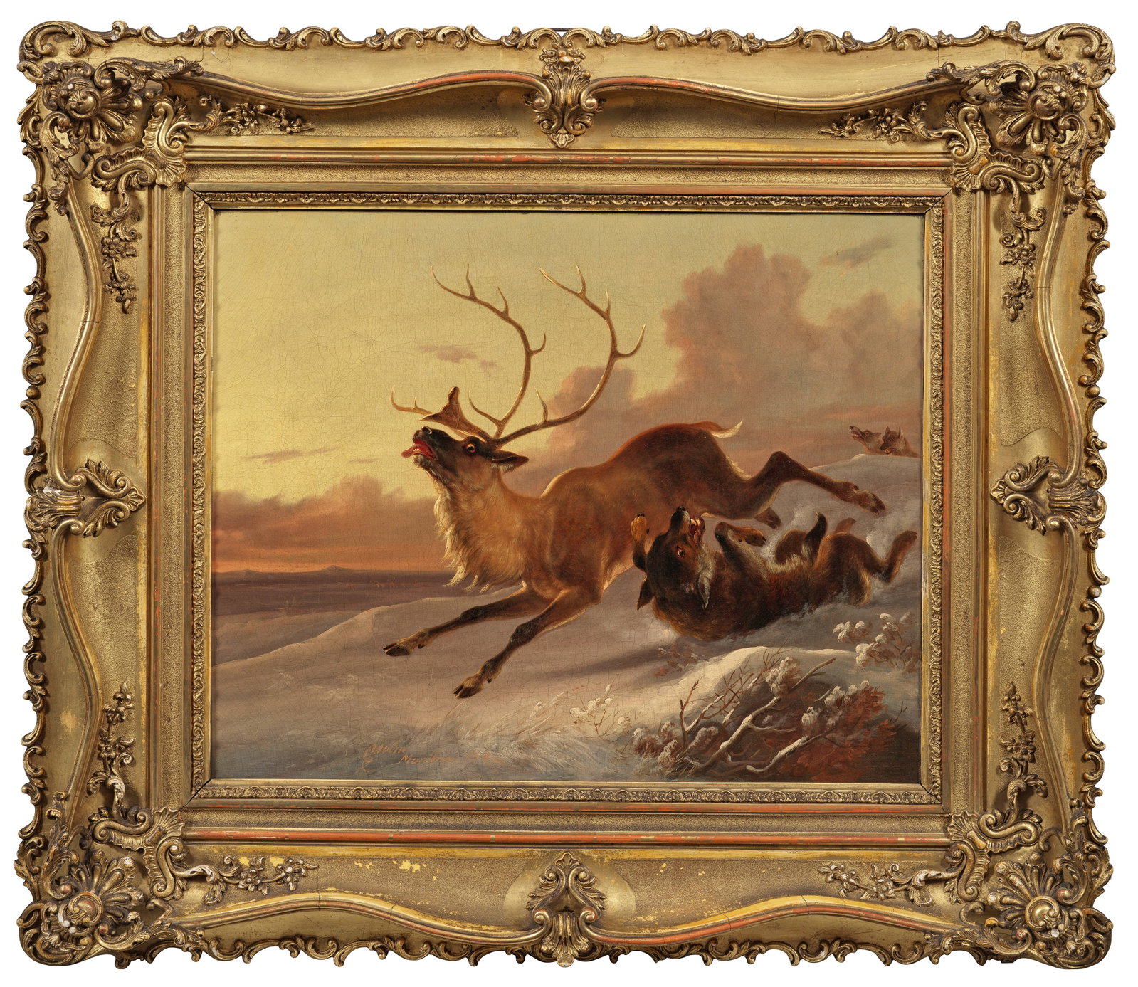 Christian Frederik Holm: (1804 Kopenhagen - 1846 Tivoli bei Rom) Wölfe jagen ein Rentier Das um sein Leben kämpfendes Rentier entkommt nur knapp einem Wolfsrudel. Der rötlich gefärbte Abendhimmel beleuchtet mit seinen let