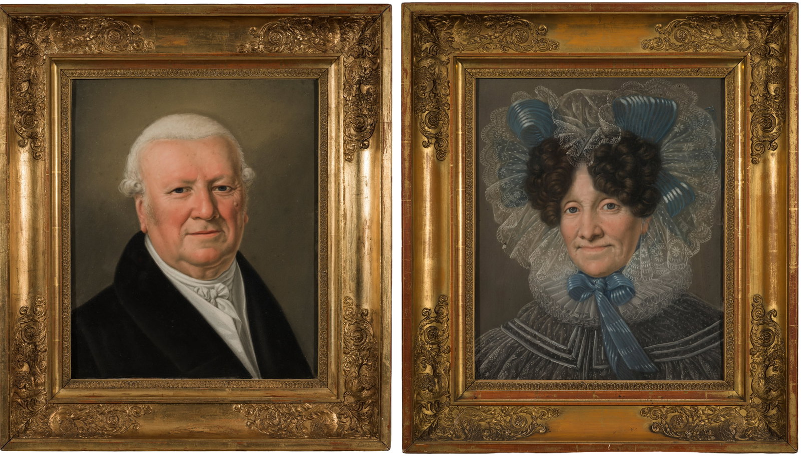 Deutscher Porträtmaler des Biedermeier: (Tätig 1. Hälfte 19. Jh.) Paar Gemälde mit Porträts eines Ehepaares Gegenstücke, vermutlich entstanden um 1825-1830. Vor neutralem, graubeigem bzw. grauem Hintergrund wird das wohlhabende, gutbü
