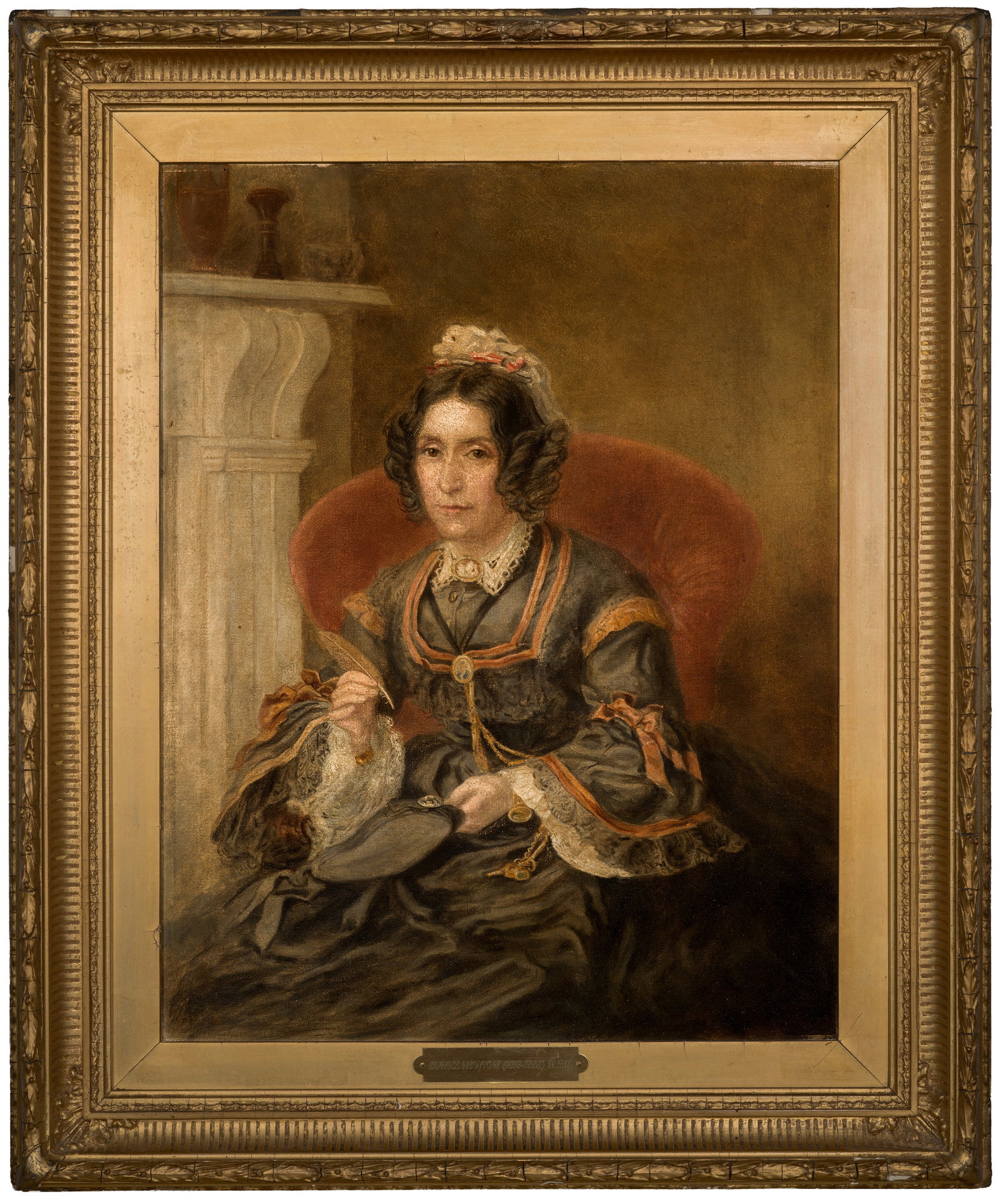 Amerikanischer Bildnismaler: (Tätig um 1860-1884) Bildnis der amerikanischen Wissenschaftlerin Eunice Newton Foote (1819 - 1888) Auf einem mit rotem Samt gepolsterten Ohrensessel sitzend, wird die Entdeckerin des Treibhauseffekt