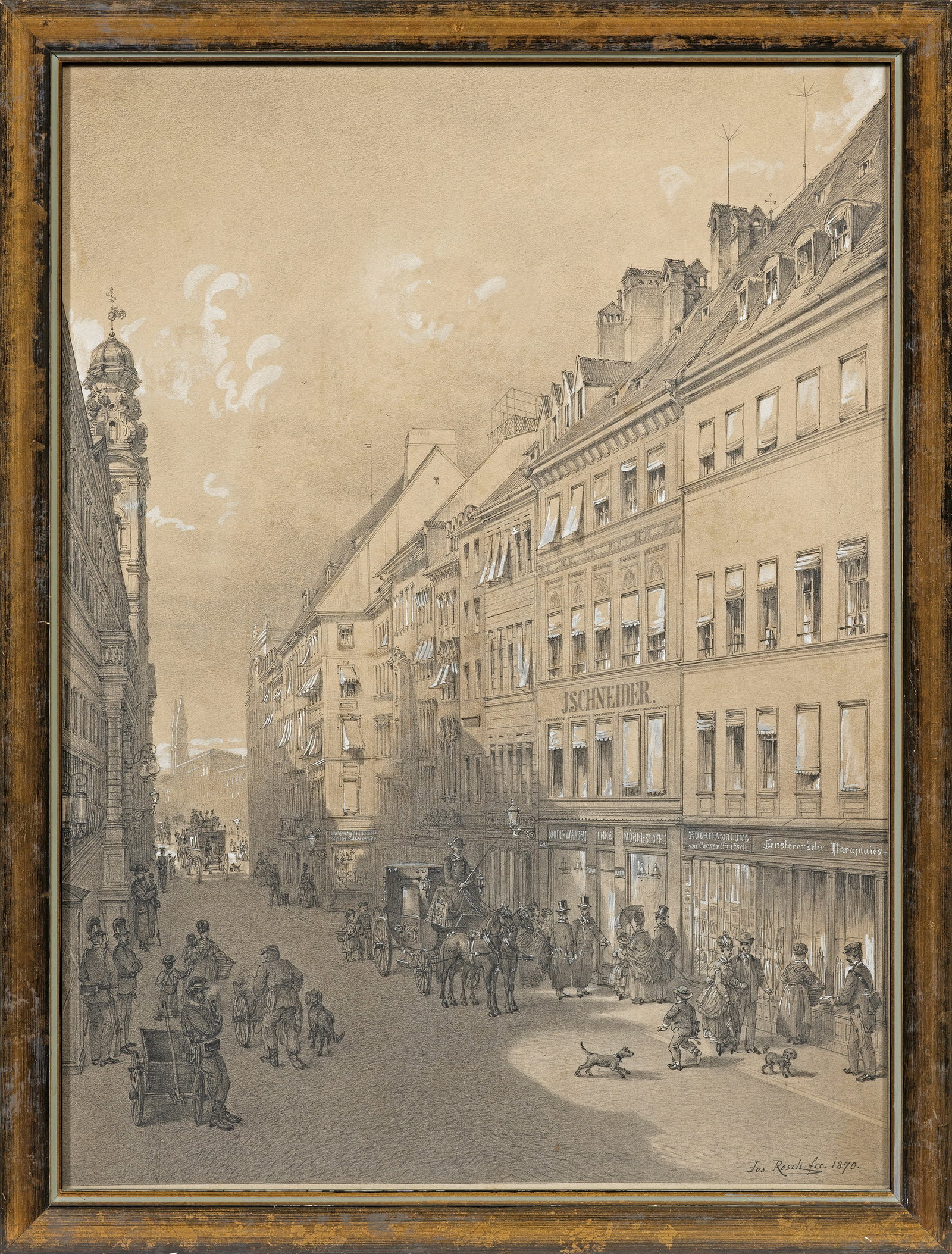 Josef Resch: (1819 München - 1901 ebenda) Theatinerstraße in München In beeindruckender Perspektive eingefangener Blick über die mit Personen, Hunden, Pferden und Kutschen stark belebte Theatinerstraße vorbei