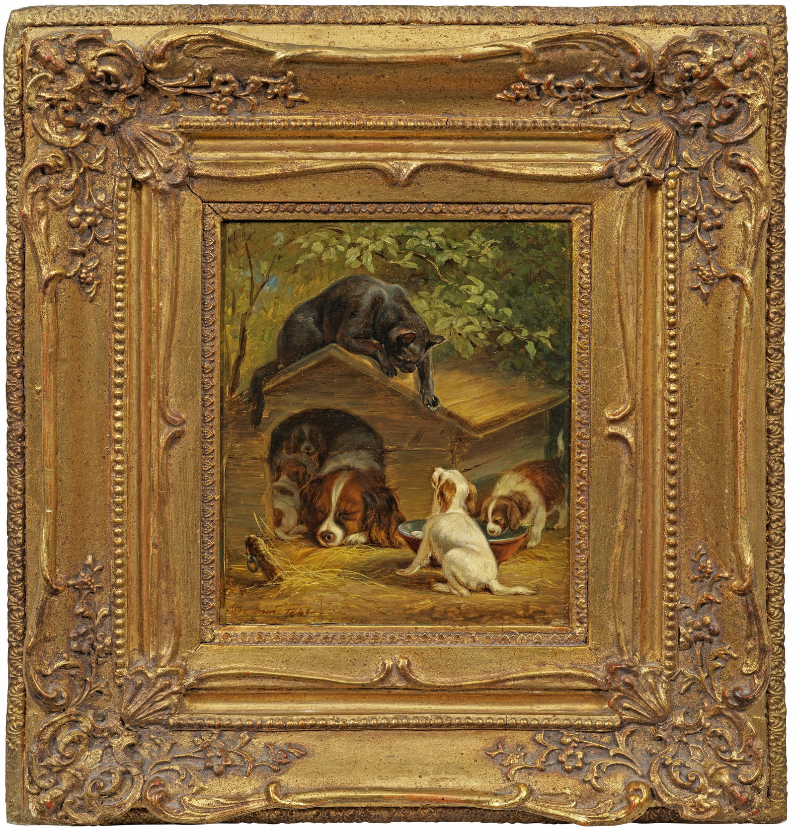 Benno Adam: (1812 München - 1892 Kelheim) Der ungebetene Essensgast Während die Hundemutter sich friedvoll schlafend, von ihren Welpen umringt, eine Pause in der Hundehütte gönnt, überrascht eine auf dem Hü