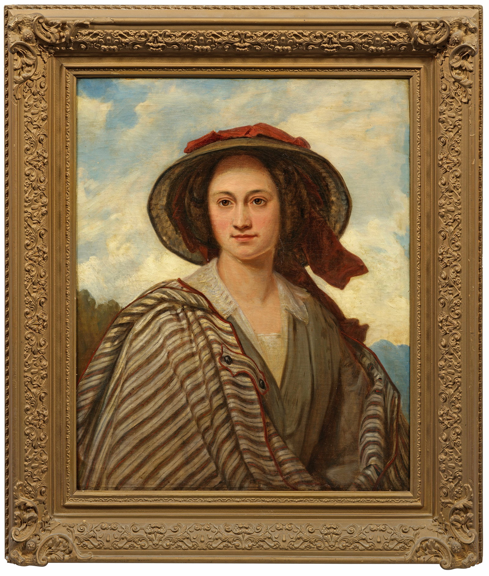 Engelbert Seibertz: (1813 Brilon - 1905 Arnsberg) Bildnis seiner Ehefrau, der Sängerin Franziska Seibertz geb. Köckert (1825 - 1861) Einfühlsames, mit weichem Duktus gemaltes Brustporträt vor einem Landschaftshinterg