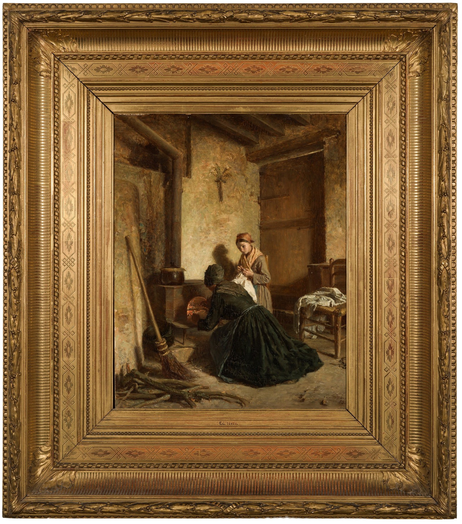 Charles Édouard Frère: (1837 Paris - 1894 Écouen) Bäuerliche Küchenszene In einer spärlich eingerichteten Küche befeuert eine Magd den Ofen, eine zweite widmet sich Ihrer Näharbeit. Ausschnitthaft komponiertes, in Erd