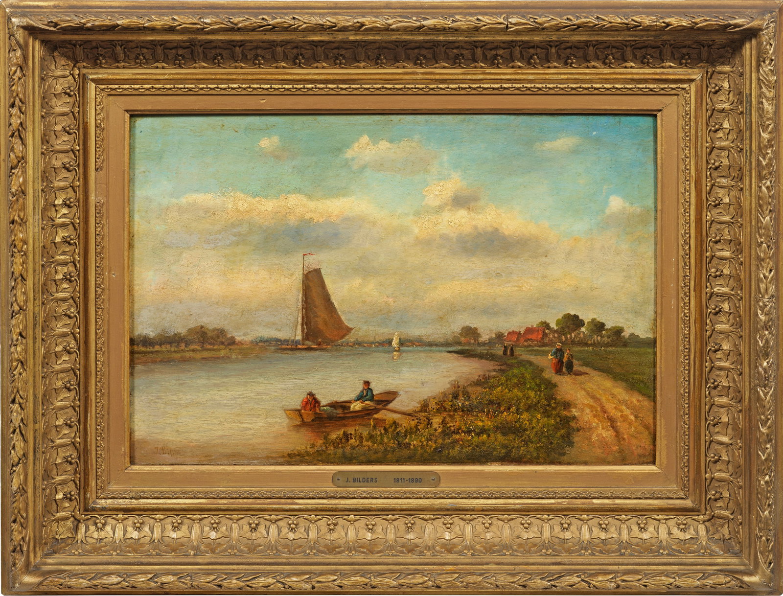 Johannes Warnardus Bilders: (1811 Utrecht - 1890 Oosterbeek) Niederländische Flusslandschaft Friedvolle, sommerlich gestimmte Ansicht eines breiten Kanals mit Segel- und Ruderbooten auf dem Wasser und Spaziergängern auf dem Uf