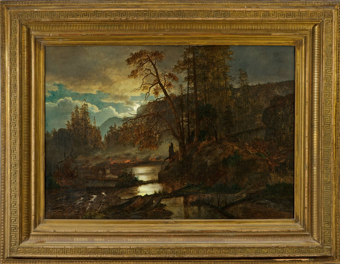 Erik Bodom: (1829 Vestby - 1879 Düsseldorf) Mondscheinlandschaft Stimmungsvolle, spätromantische Landschaft des Künstlers, der ab 1848 bei Hans Gude lernte und mit ihm 1850 dauerhaft nach Düsseldorf ging. Bod