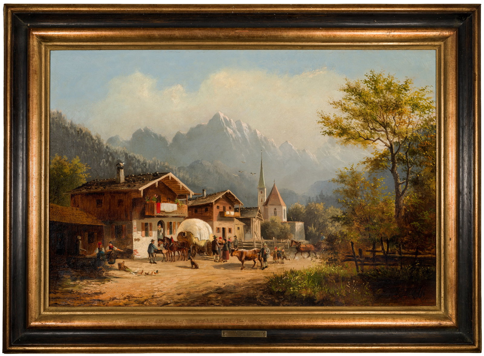 Anton Doll: (1826 München - 1887 ebenda) Ansicht von Partenkirchen Reizvolle, heitere Ansicht von Partenkirchen in Oberbayern. Auf der historischen Dorfstraße mit malerischer Häuserkulisse herrscht ein reges T