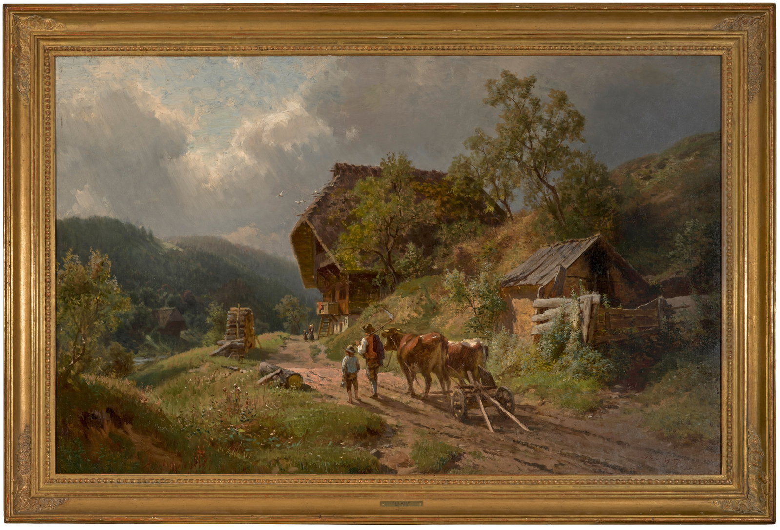 Paul Weber: (1823 Darmstadt - 1916 München) Gebirgslandschaft mit heimkehrendem Bauern und Sohn Sommerliche, subtil eingefangene Landschaft mit großem, von einem mächtigen Walmdach überspannten Bauernhof. Pau