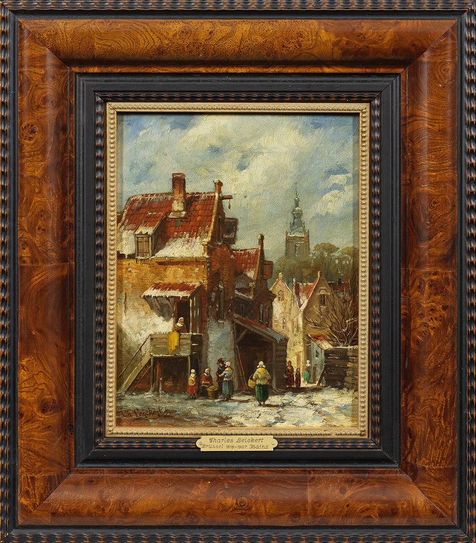 Charles Leickert: (1818 Brüssel - 1907 Mainz) Winterliche Stadtansicht Durch Figurenstaffage belebte, winterliche Ansicht einer malerischen Gasse in einer beschaulichen Stadt. Die Atmosphäre virtuos widerspiegelnde, 