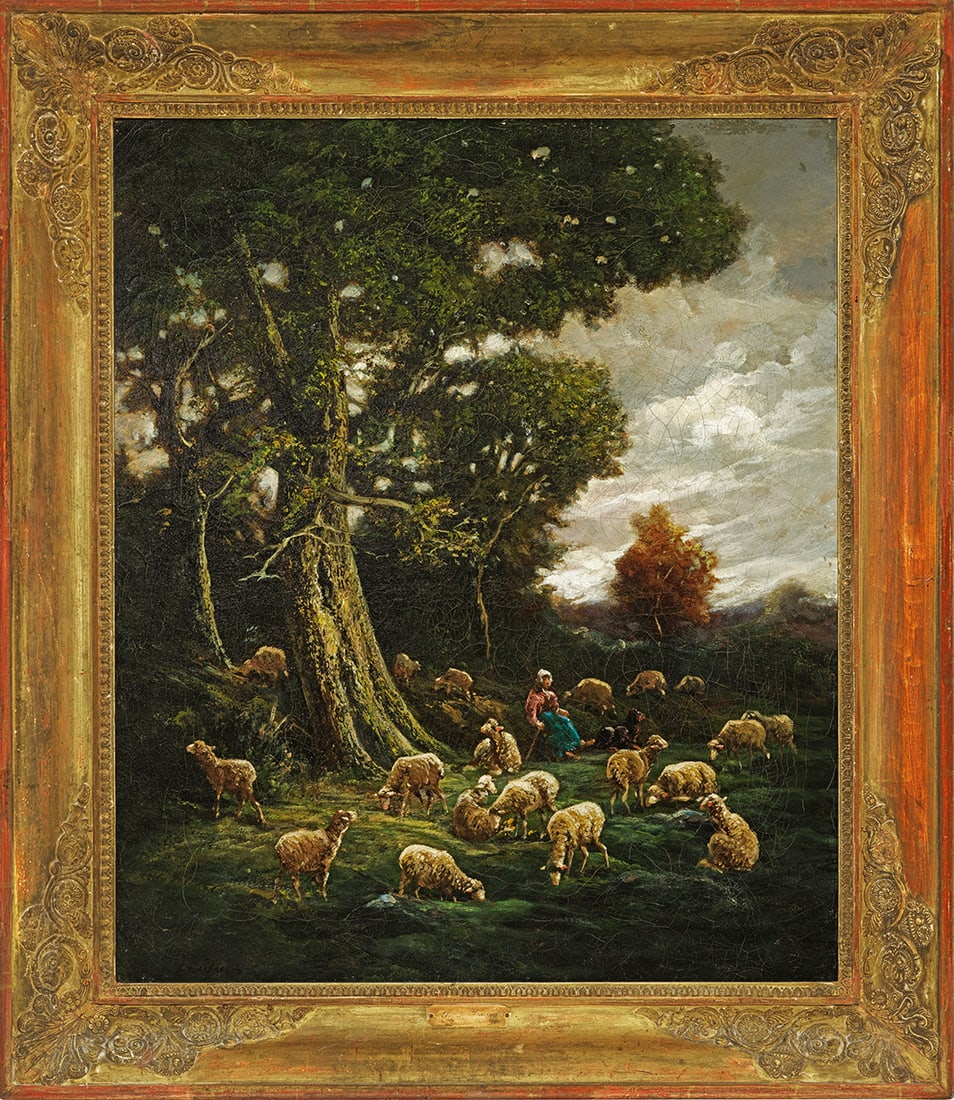 Charles Emile Jacque: (1813 Paris - 1894 ebenda) attr.; Pastorale Landpartie Unter einem knorrigen Baum in idyllischer Landschaft eine weidende Schafsherde mit junger Bäuerin. In markanter Licht- und Schattenführung und 