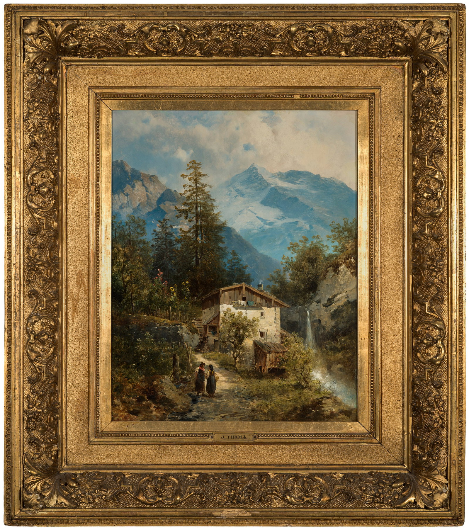 Josef Thoma: (1828 Wien - 1899 ebenda) Alpenlandschaft mit Wasserfall Sommerlich, heitere, von zwei Frauen im Gespräch belebte Ansicht eines pittoresken Steinhauses, idyllisch gelegen an einem rauschenden Gebirgs