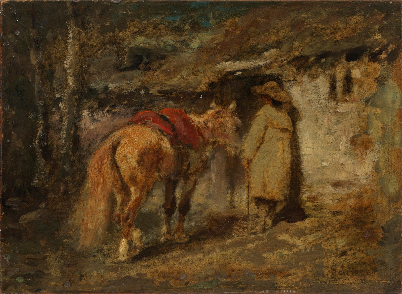 Adolf Schreyer: (1828 Frankfurt a. M. - 1899 Kronberg) Reiter im Dorf Mit schnellem, virtuos lockerem Duktus gemalte, typische Reiterszene Schreyers, der zu den Wegbereitern des Impressionismus gehörte. Er war Mitgl