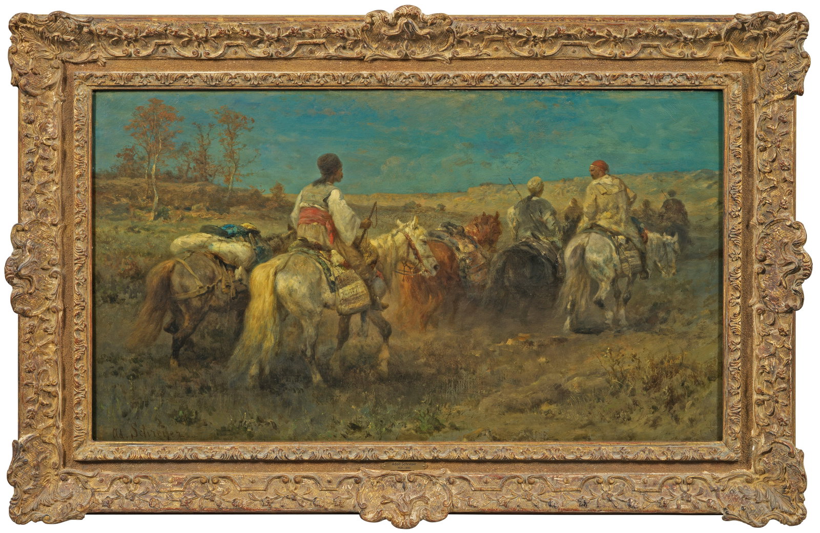 Adolf Schreyer: (1828 Frankfurt a. M. - 1899 Kronberg) Orientalische Reitertruppe zu Pferde Das Gemälde zeigt eine für den Orientmaler in Motiv und Stil charakteristische Szene mit Reitern und Lastpferden in weiter