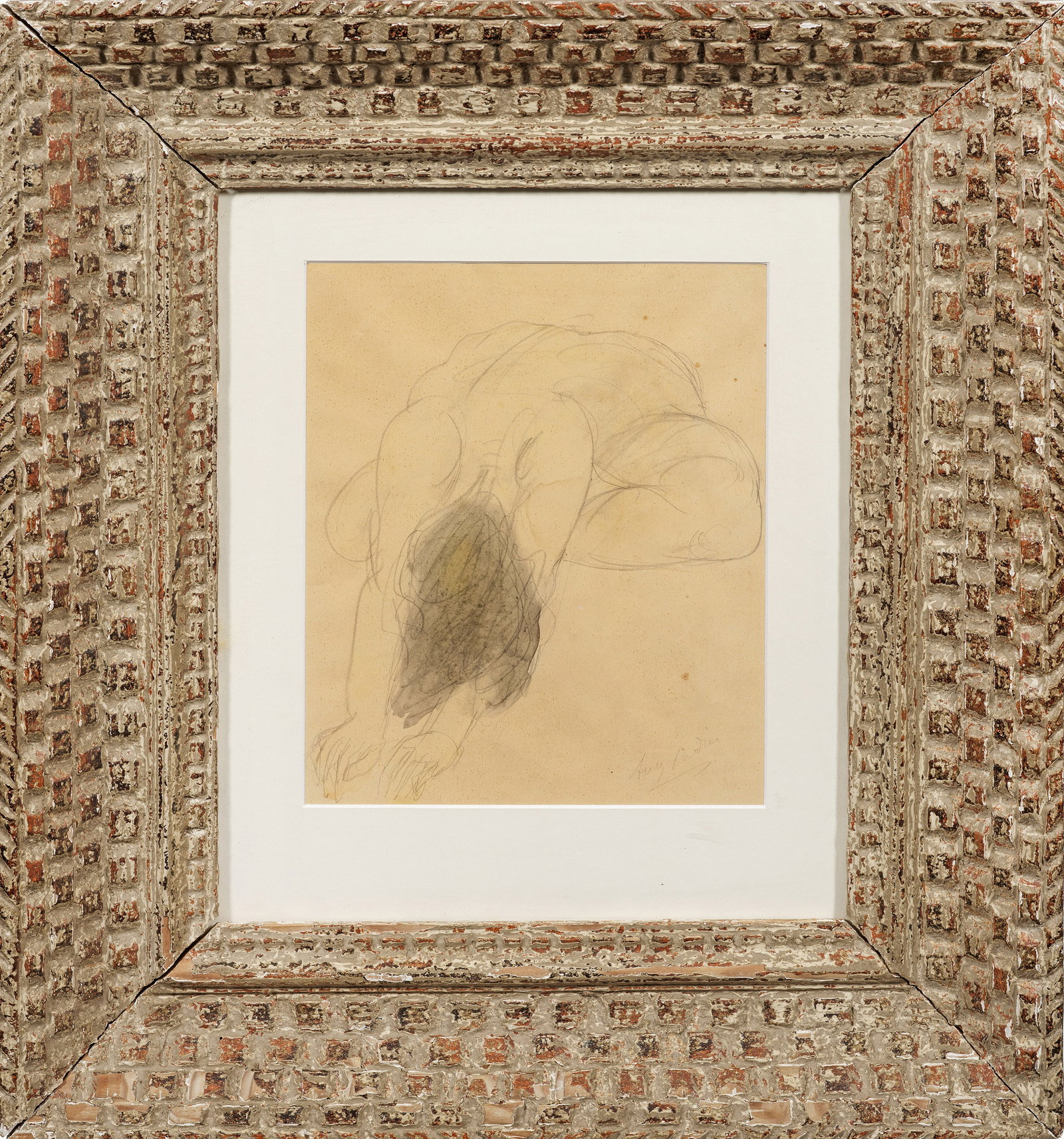 Auguste Rodin: (1840 Paris - 1917 Meudon) Sitzender Akt mit vorgebeugtem Oberkörper Mit wenigen sicheren Graphitstrichen und leichter Aquarellierung ist der sitzende Frauenkörper in seiner unnatürlichen Verrenkun