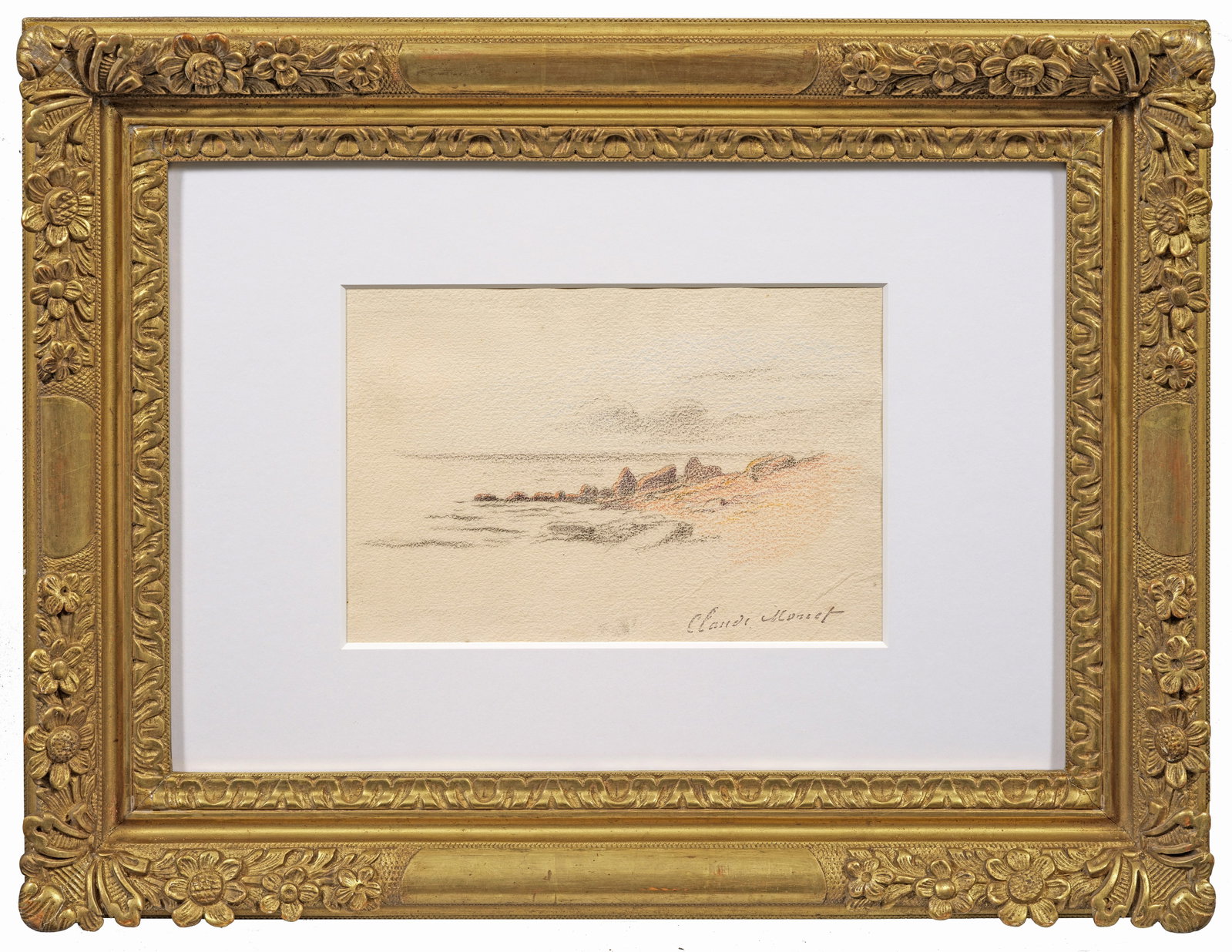 Claude Monet: (1840 Paris - 1926 Giverny) "Bord de Mer" Die subtil skizzierte Schilderung einer flach zum Meer abfallenden Küste mit einzelnen Felsen stammt aus dem Frühwerk des bedeutenden Impressionisten und en